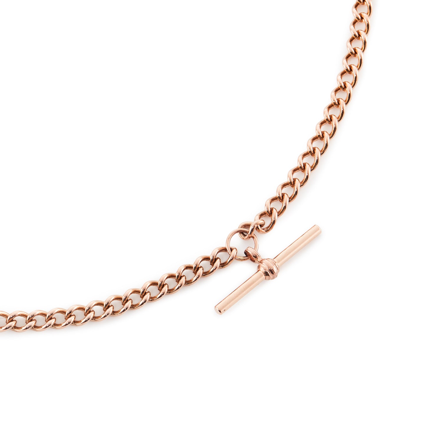 Classic Edwardian 9ct rose gold curb link fob chain with two dog clips and a t-bar.