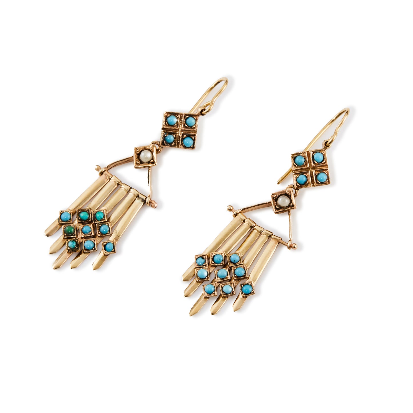 Exquisite 15ct rose gold Victorian chandelier earrings, each set with thirteen turquoise stones and one seed pearl.