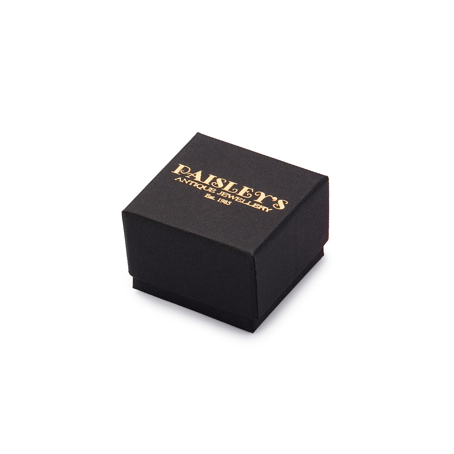 Black luxury jewellery box with a gold foil Paisley's Antique Jewellery logo.