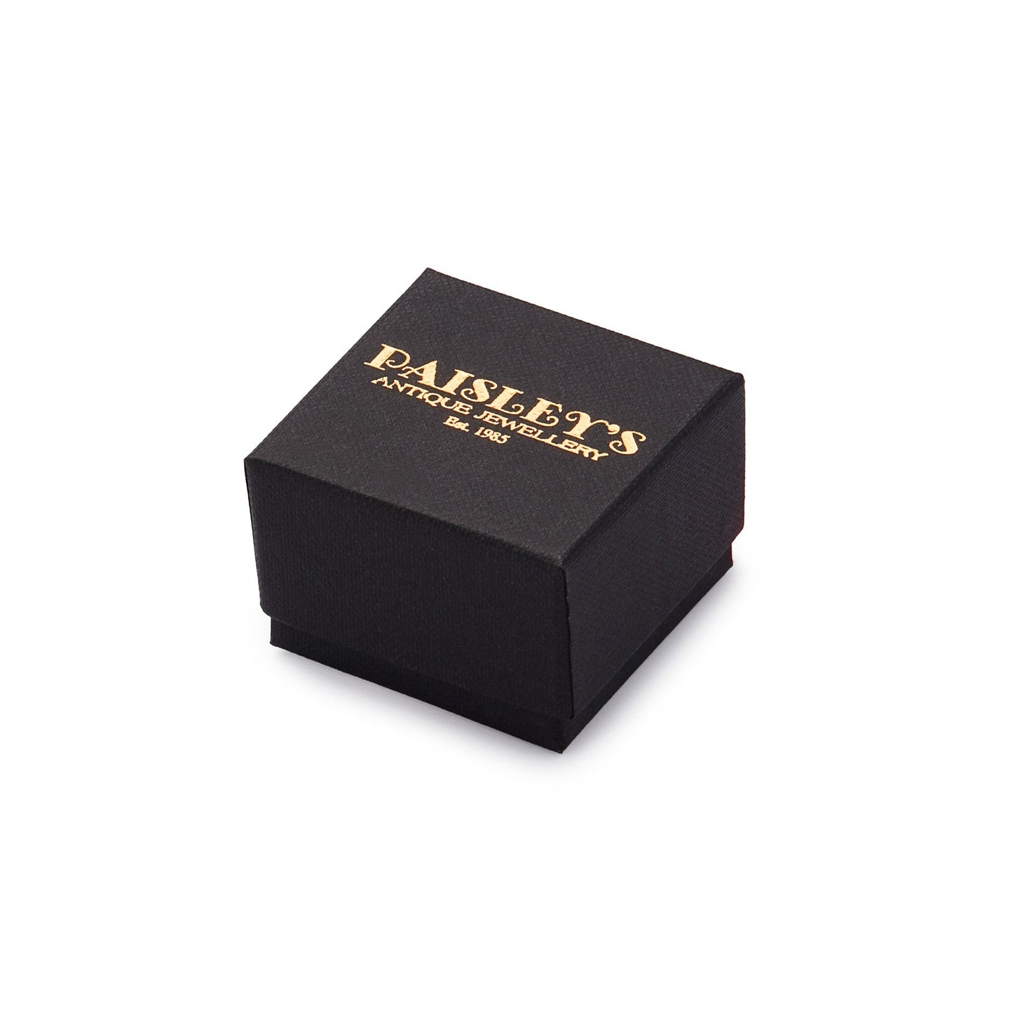 Black luxury jewellery box with a gold foil Paisley's Antique Jewellery logo.