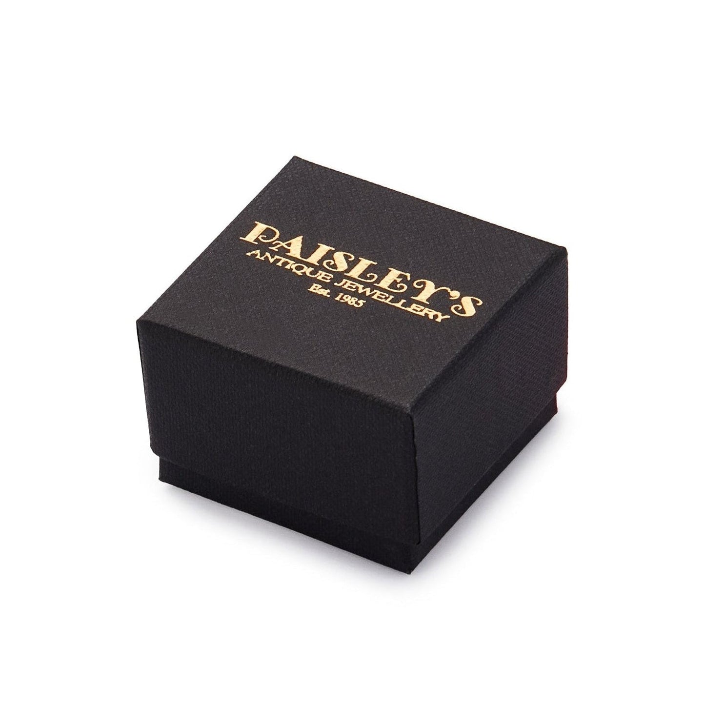 Black luxury jewellery box with a gold foil Paisley's Antique Jewellery logo.