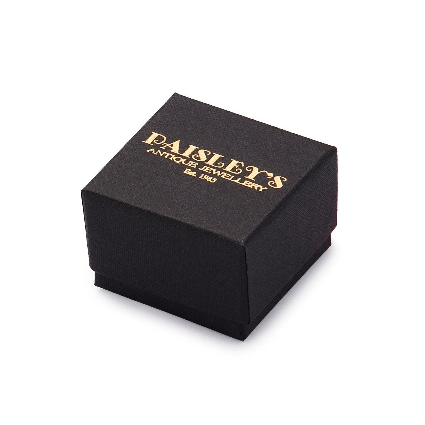 Black luxury jewellery box with a gold foil Paisley's Antique Jewellery logo.