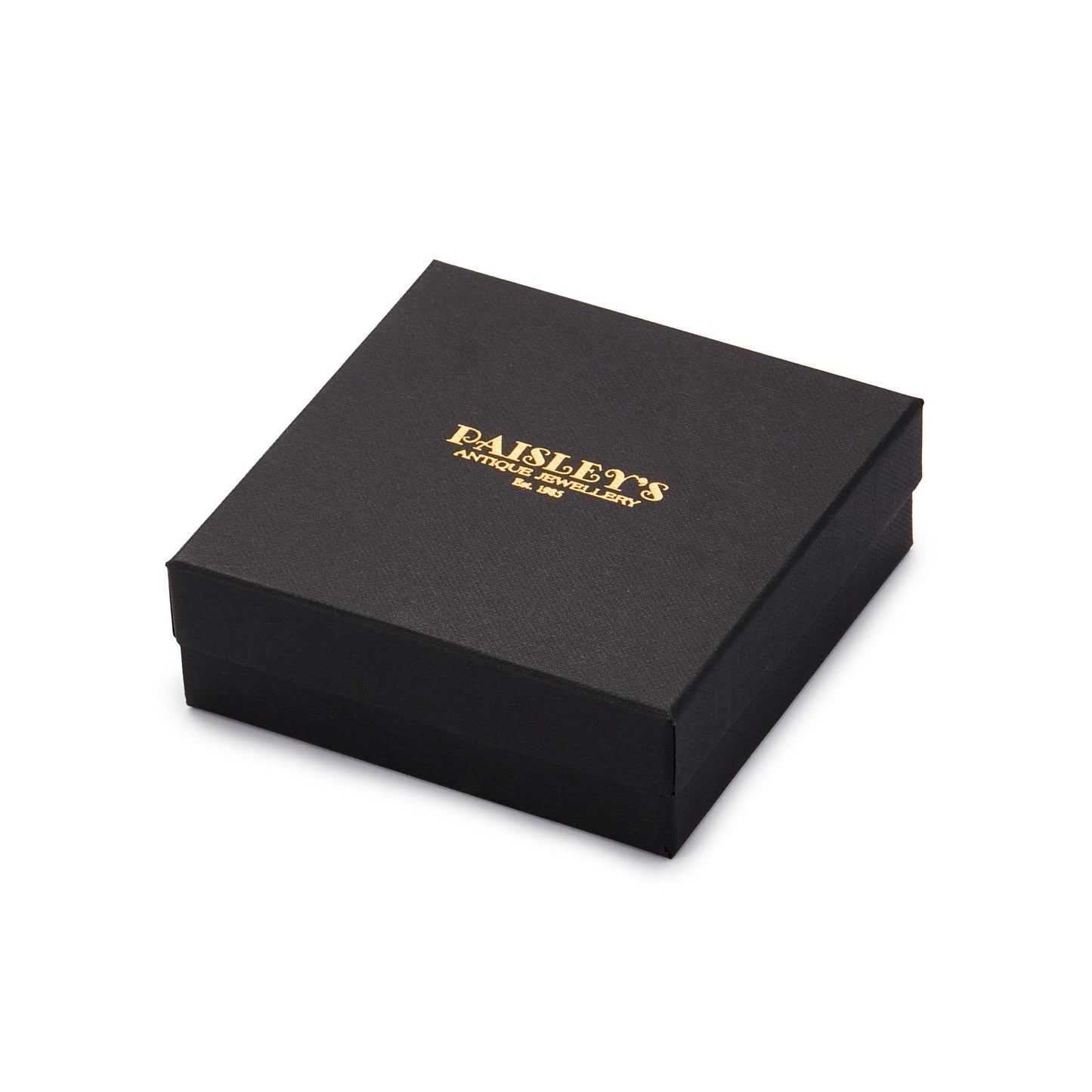 Black jewellery box with a gold foil Paisley's Antique Jewellery logo.