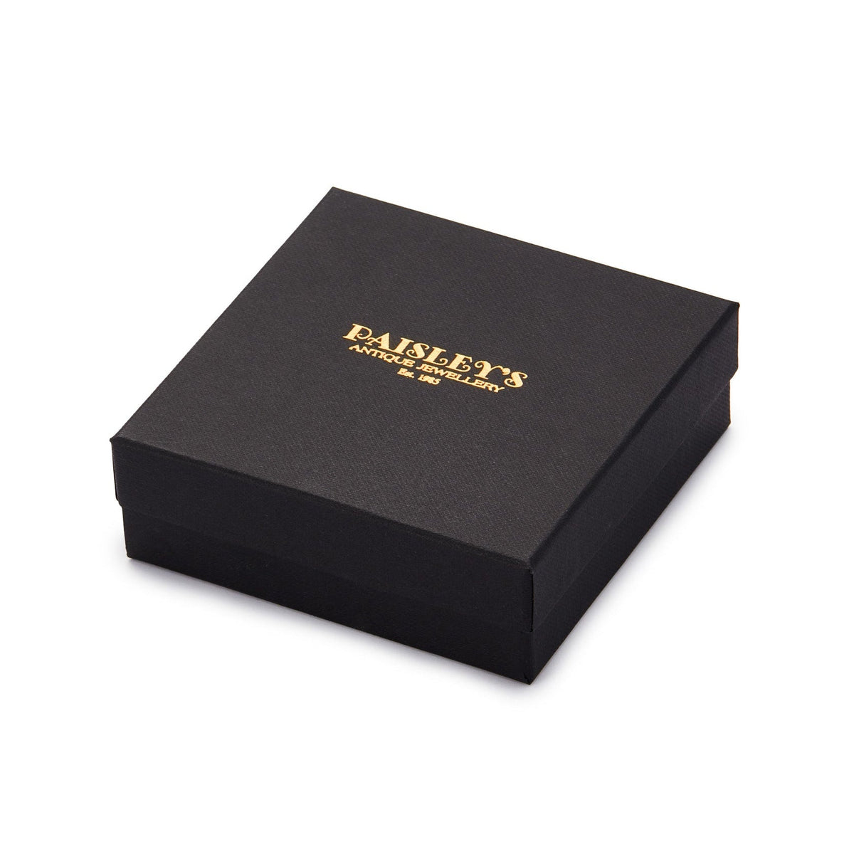 Black jewellery box with a gold foil Paisley's Antique Jewellery logo.