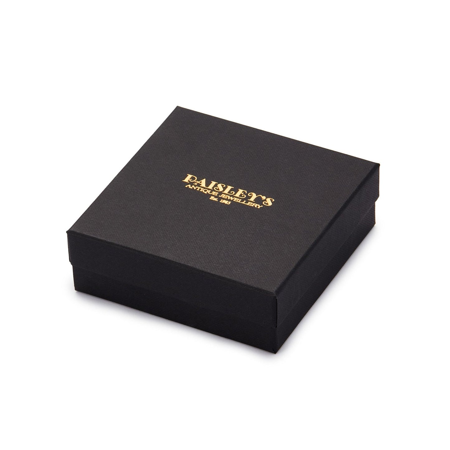 black jewellery box with gold foil logo