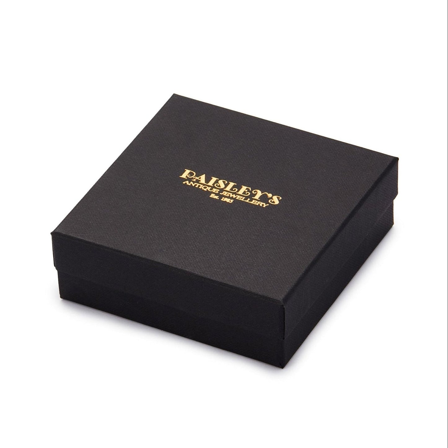 black jewellery box with gold foil logo