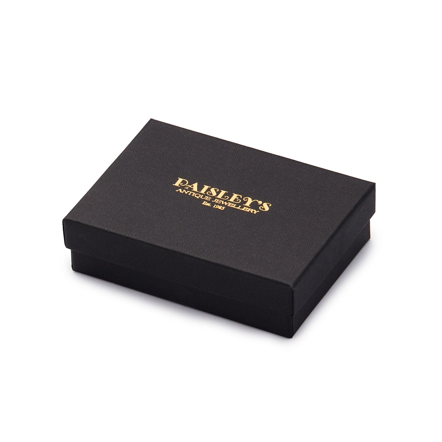 Black jewelry box with 'Paisley's Antique Jewellery' logo on a white background