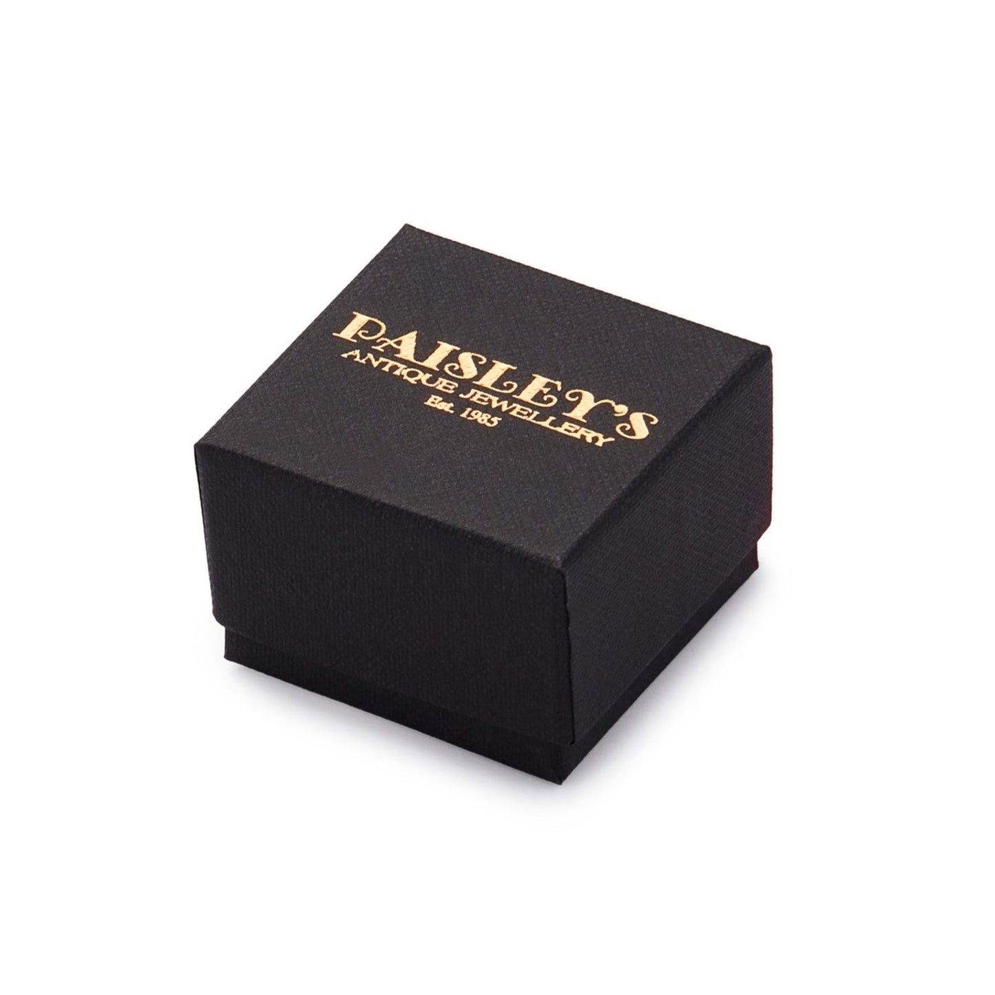 Black luxury jewellery box with a gold foil Paisley's Antique Jewellery logo.