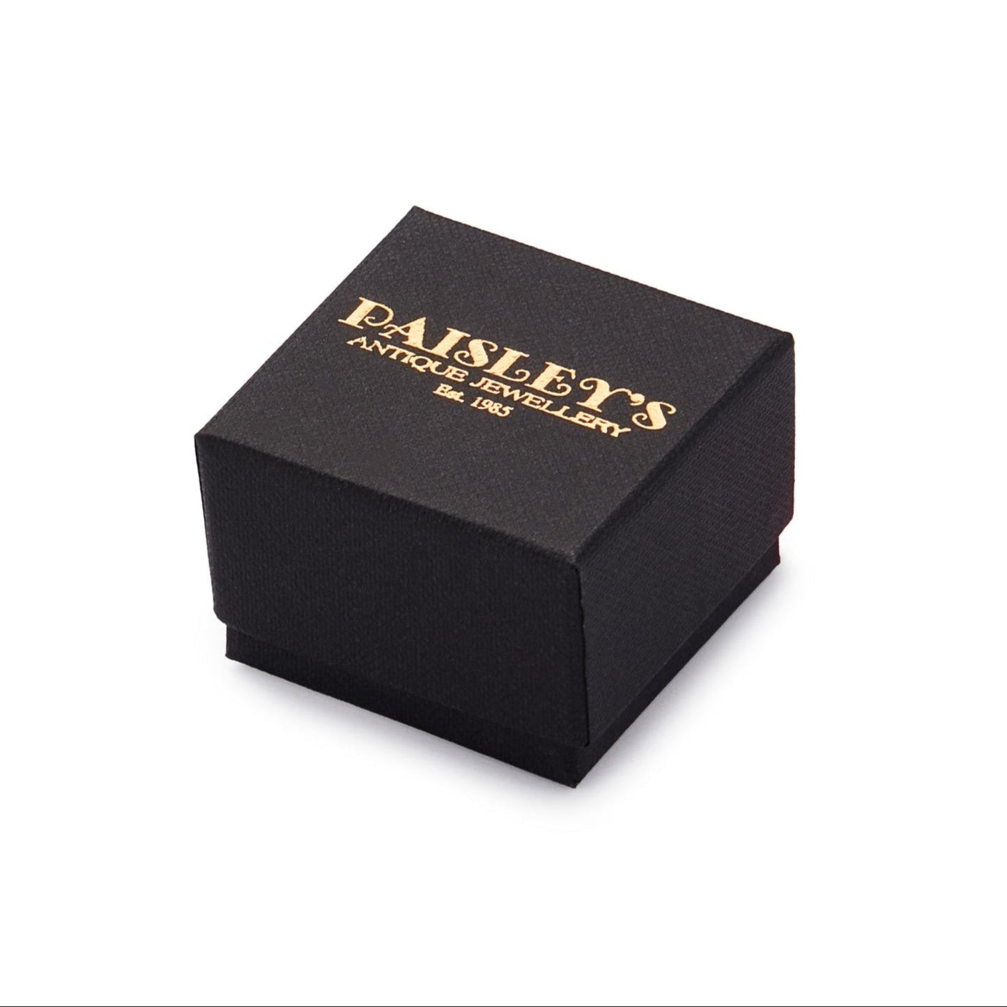 Black luxury jewellery box with a gold foil Paisley's Antique Jewellery logo.