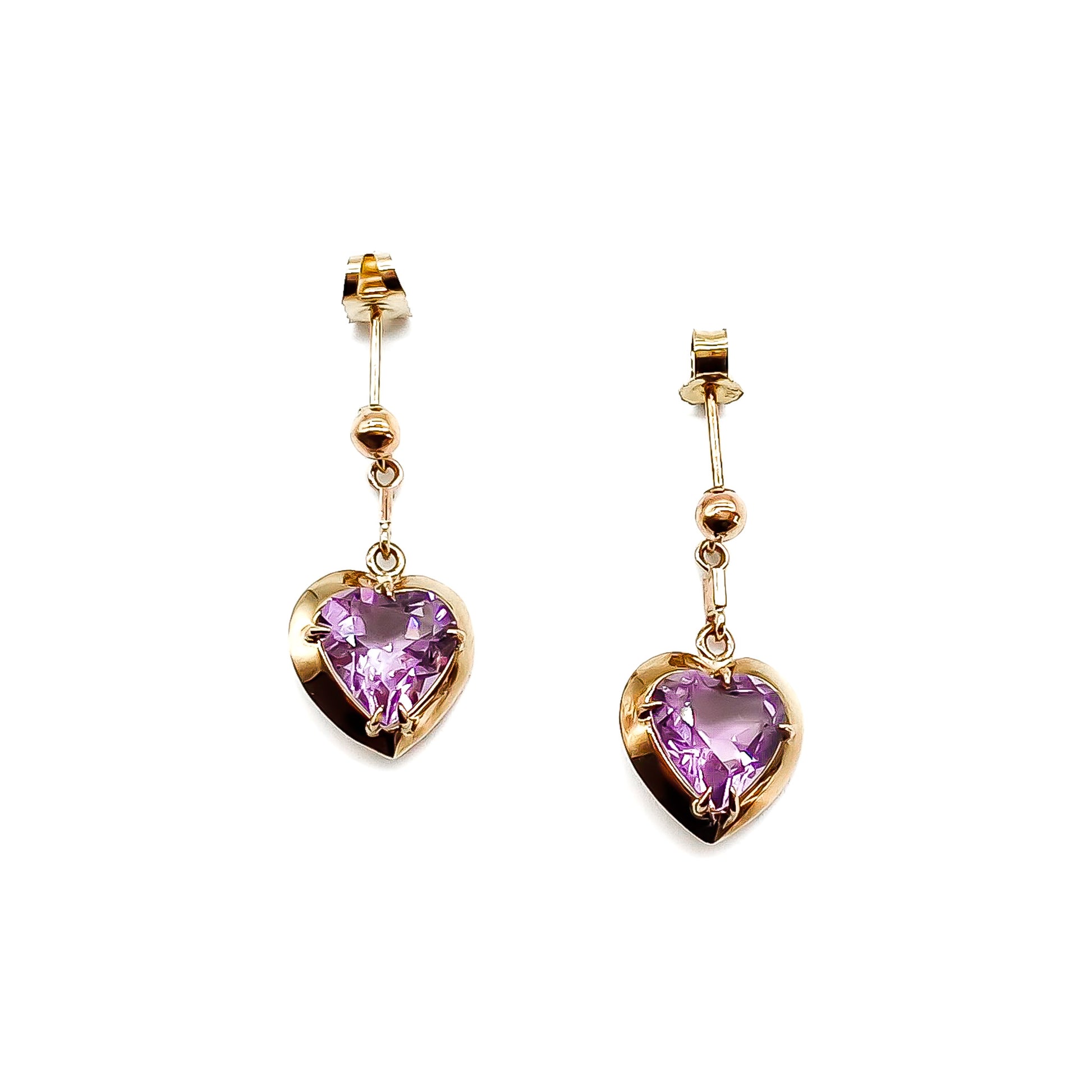 Pretty 9ct rose gold earrings set with heart-shaped faceted amethyst drops.