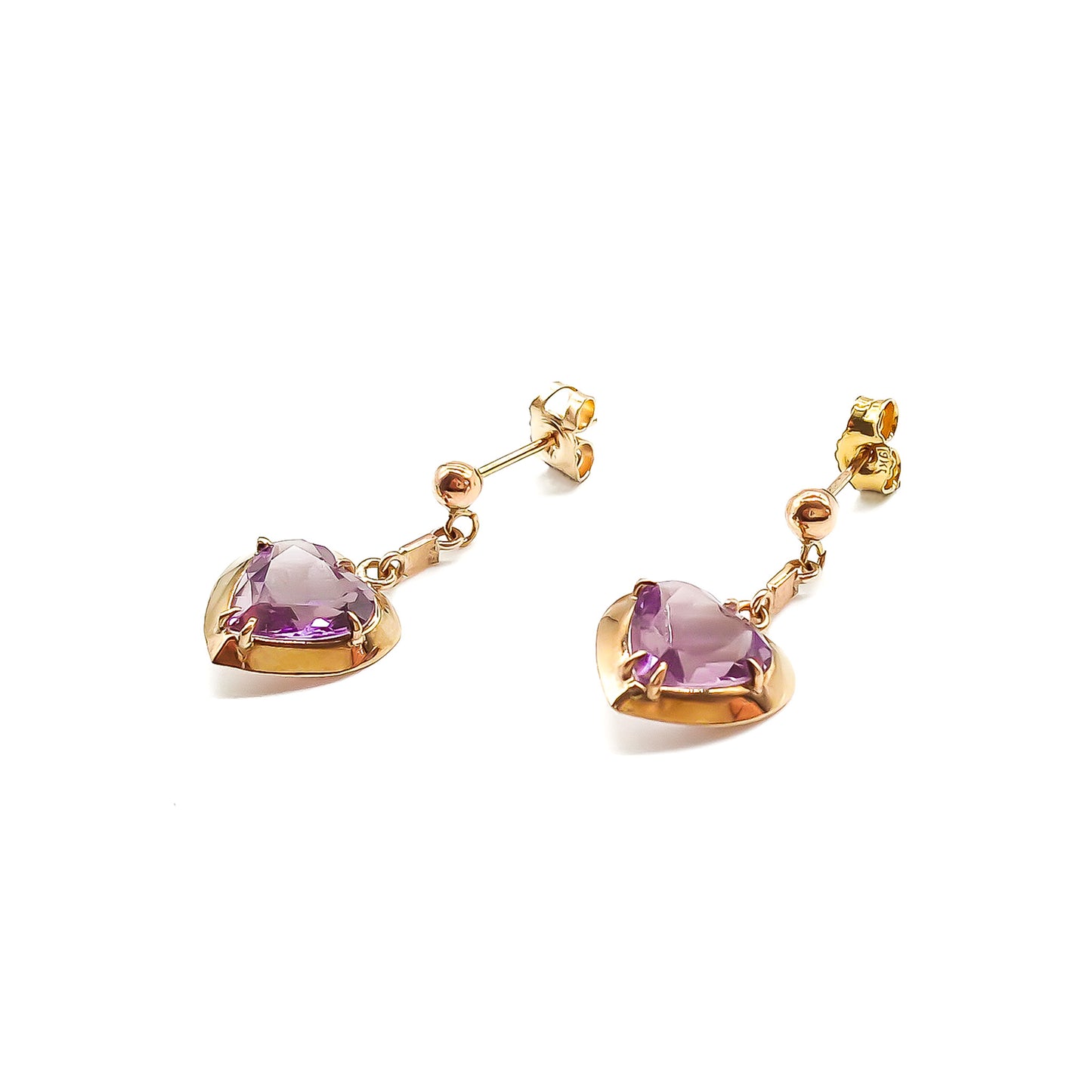 Pretty 9ct rose gold earrings set with heart-shaped faceted amethyst drops.