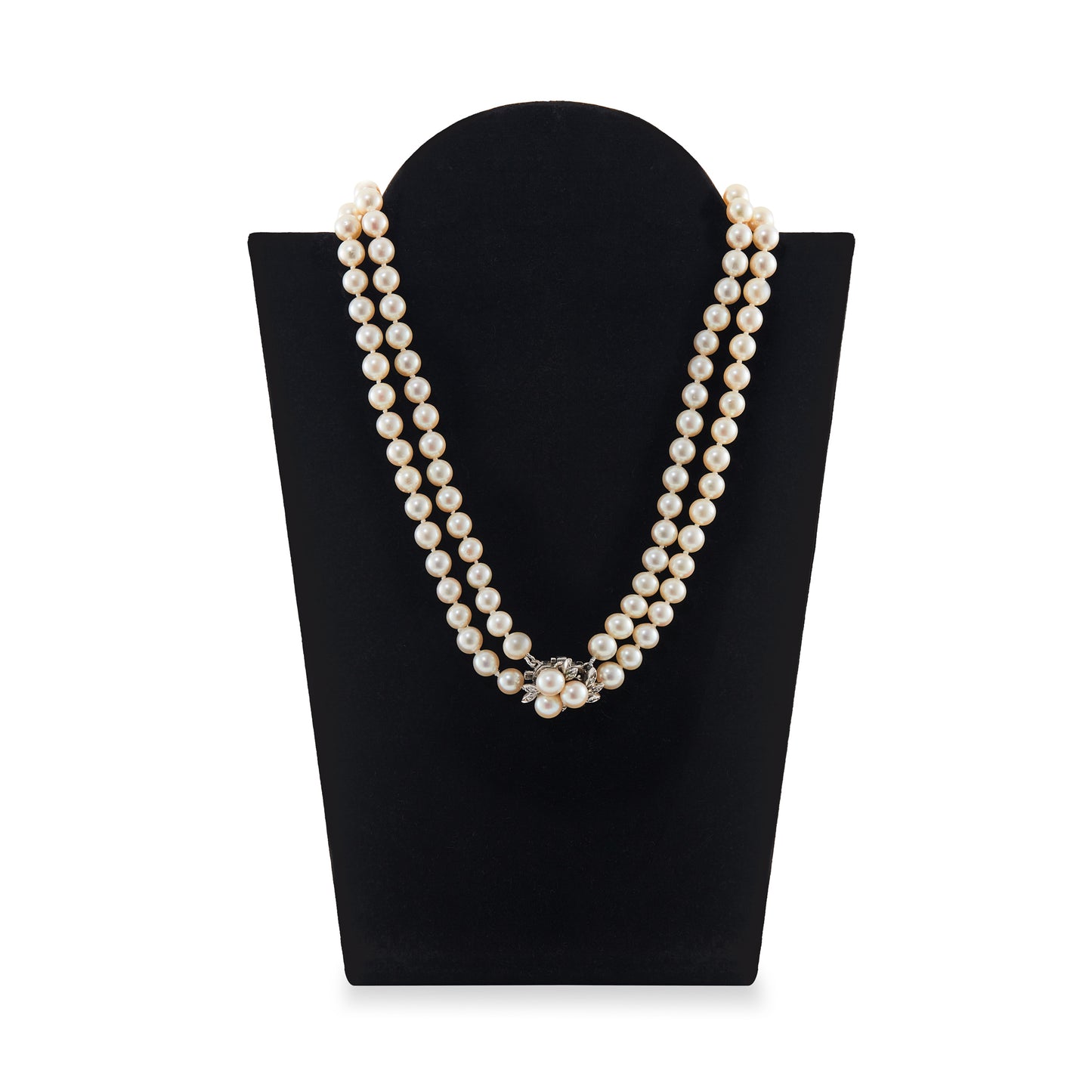 Exquisite double strand of lustrous cultured seawater pearls with a stunning 14ct white gold clasp set with nine small diamonds and three pearls. Can be worn as a choker or wrapped around the wrist as a four-strand bracelet.