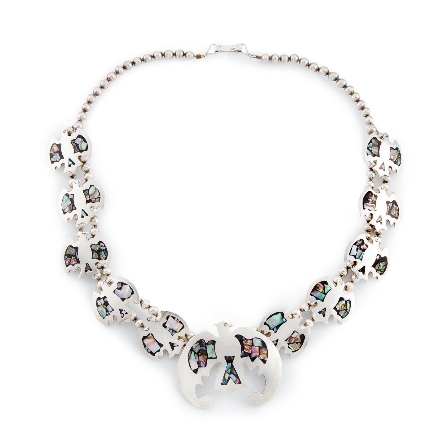 Stunning sterling silver Native American squash blossom necklace with abalone inlay in a beautiful eagle design. A real statement piece.