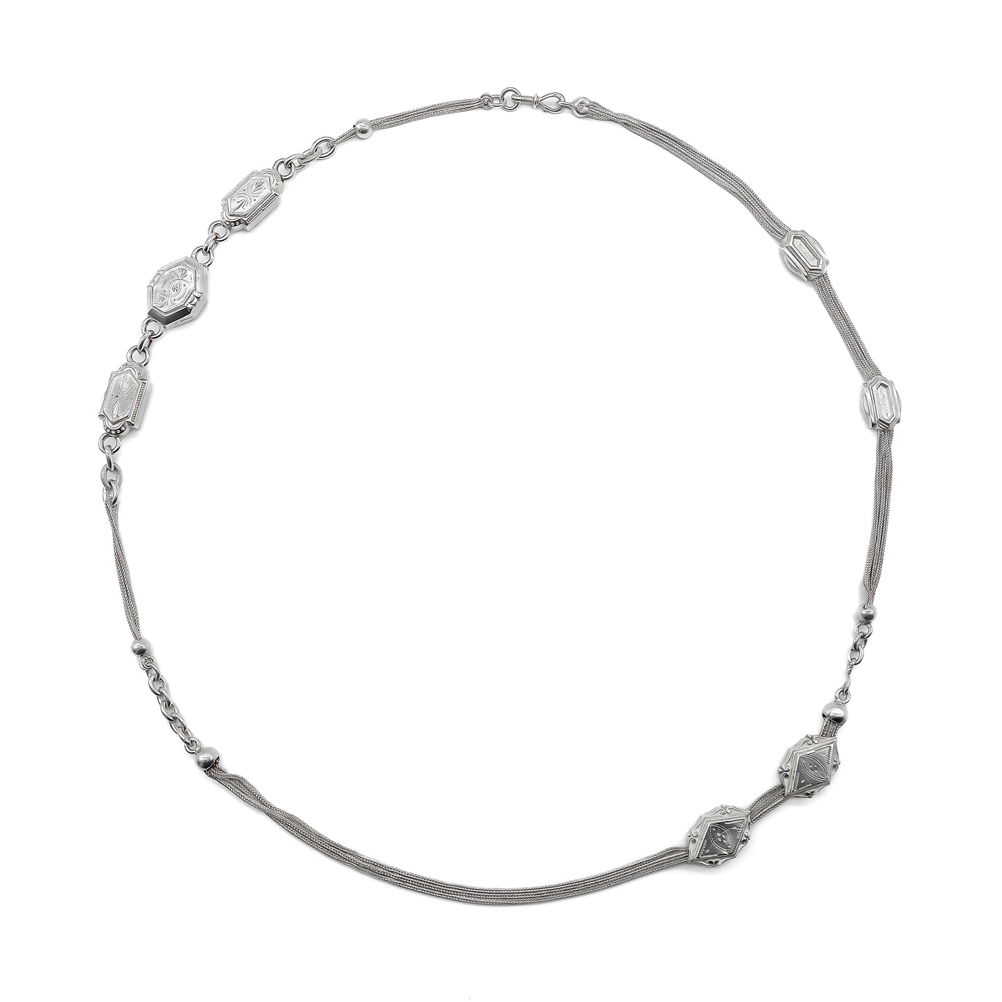 Magnificent silver Albertina necklace with ornate detail and dog-clip clasp. Italy. Circa 1900’s