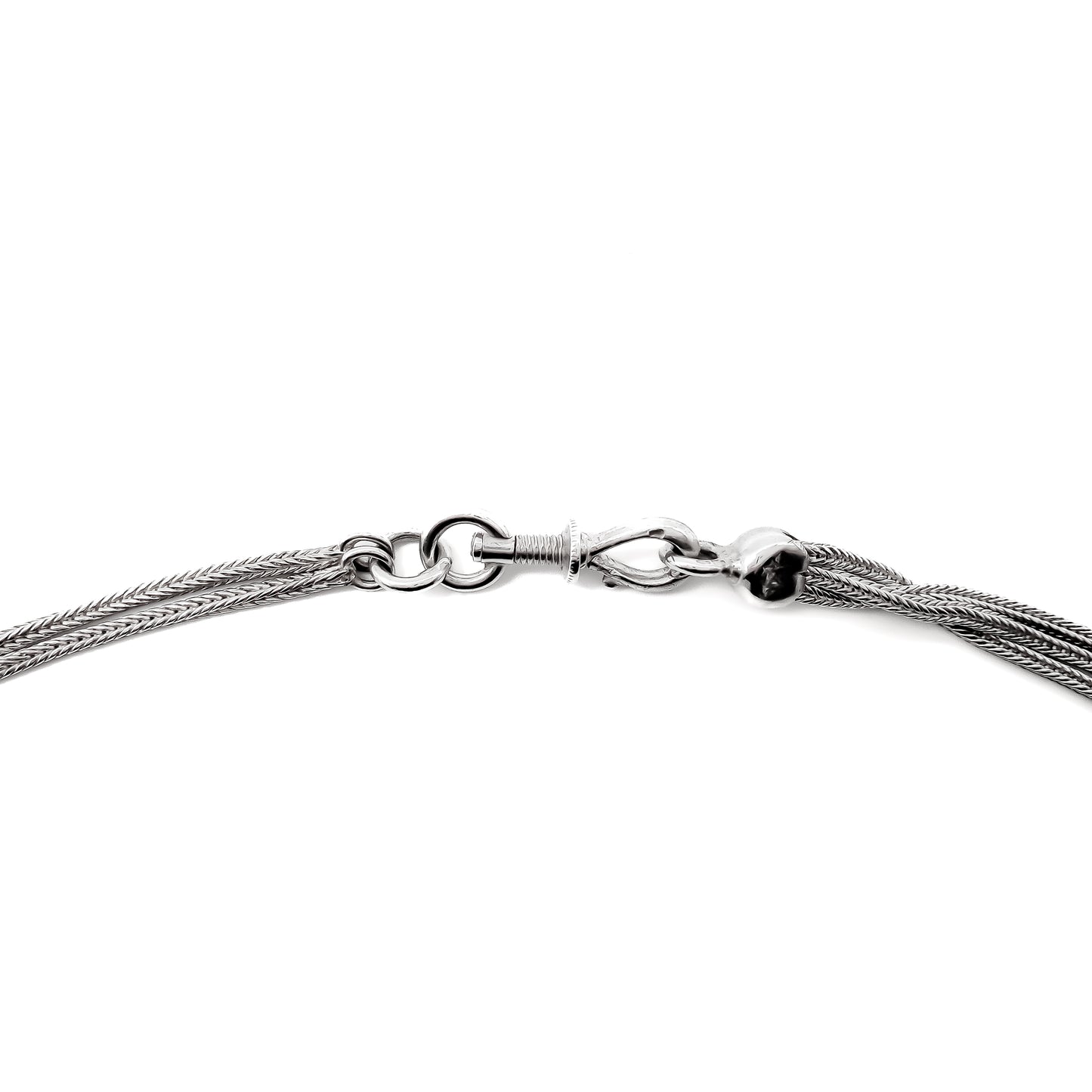 Magnificent silver Albertina necklace with ornate detail and dog-clip clasp. Italy. Circa 1900’s