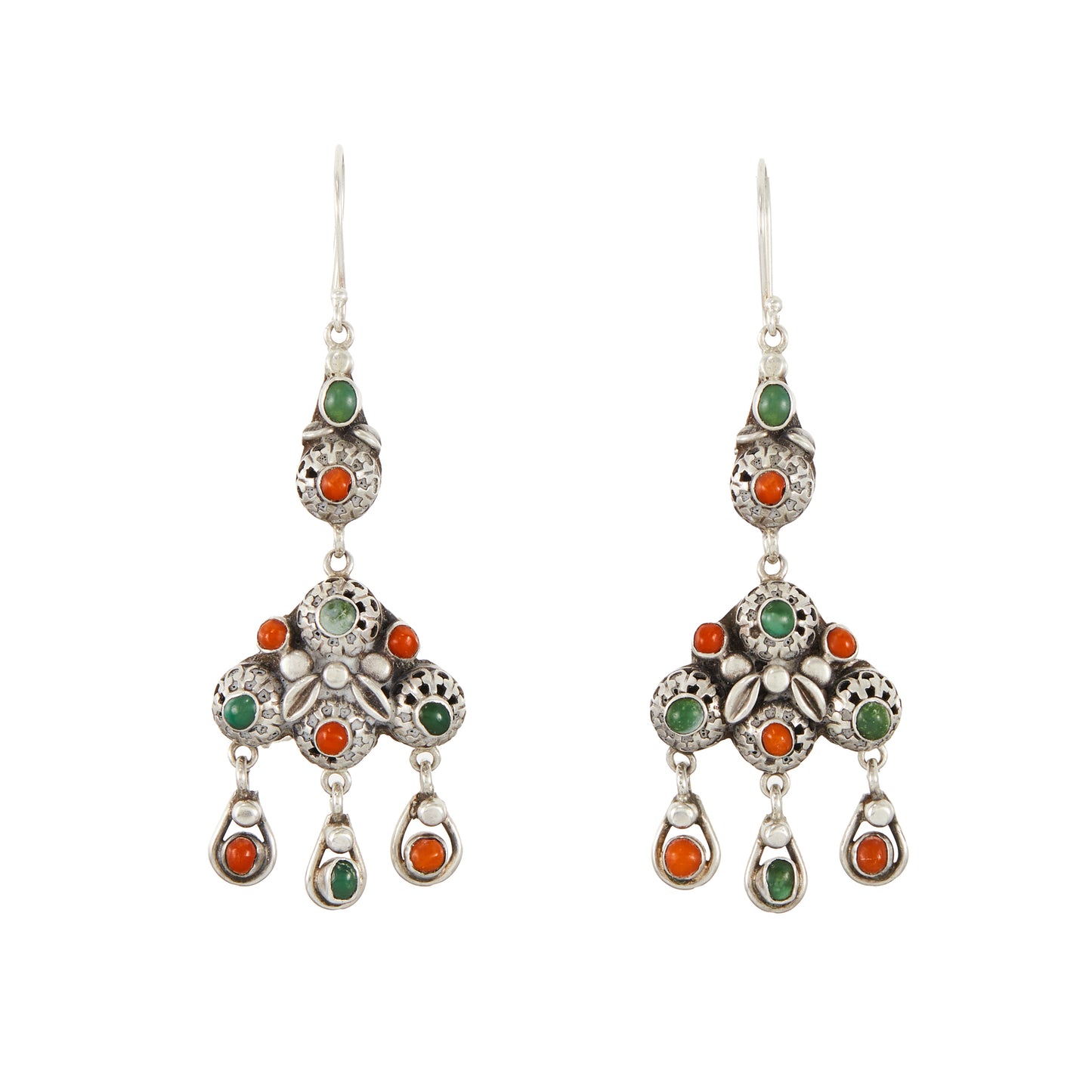 Elaborate silver dangling earrings, each set with six natural round coral beads and five green turquoise stones. Beautiful engraving on the backs of the earrings. Italy. Circa 1930’s