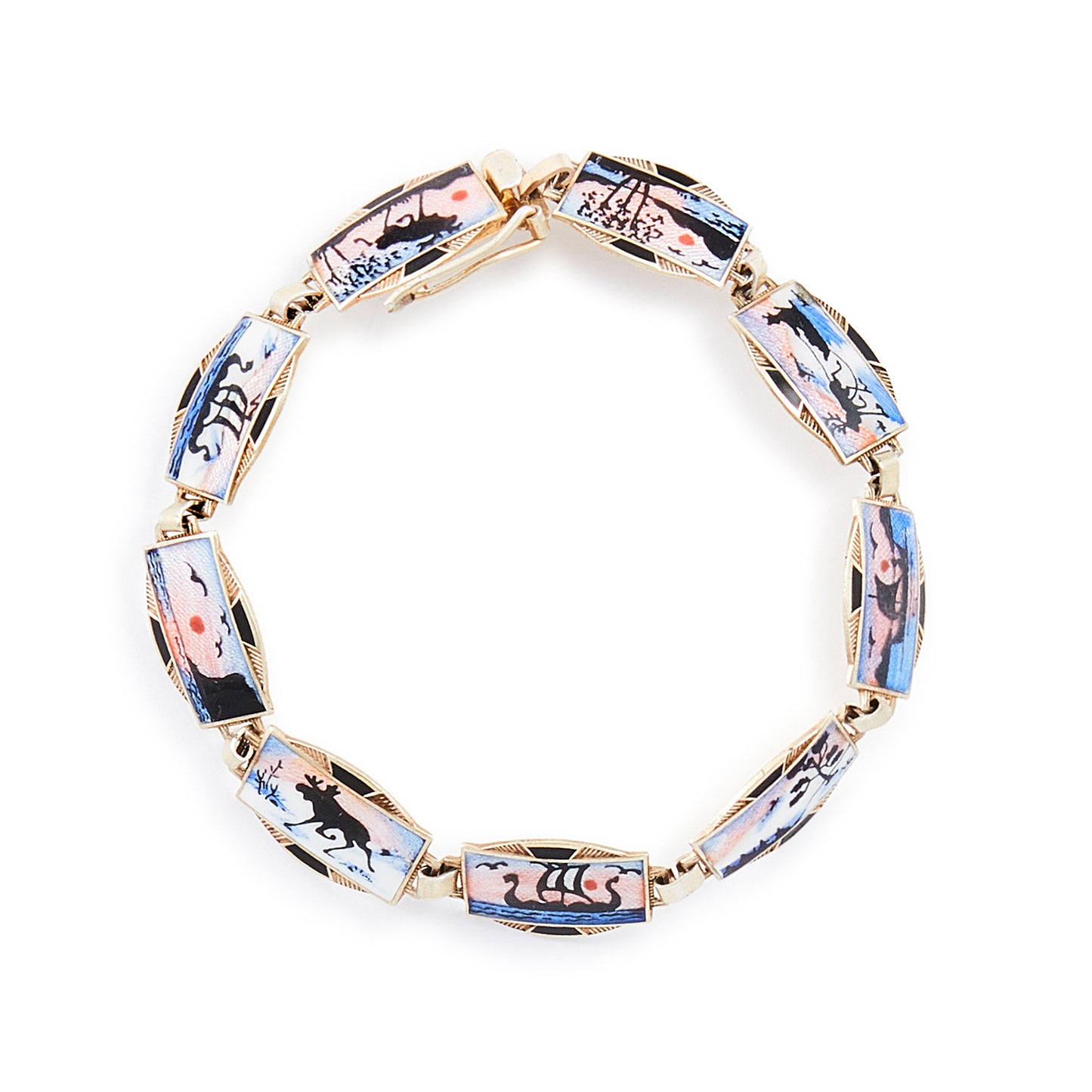 Beautifully detailed enamel disc bracelet depicting nine different nature scenes. Safety clasp attached. Scandinavian