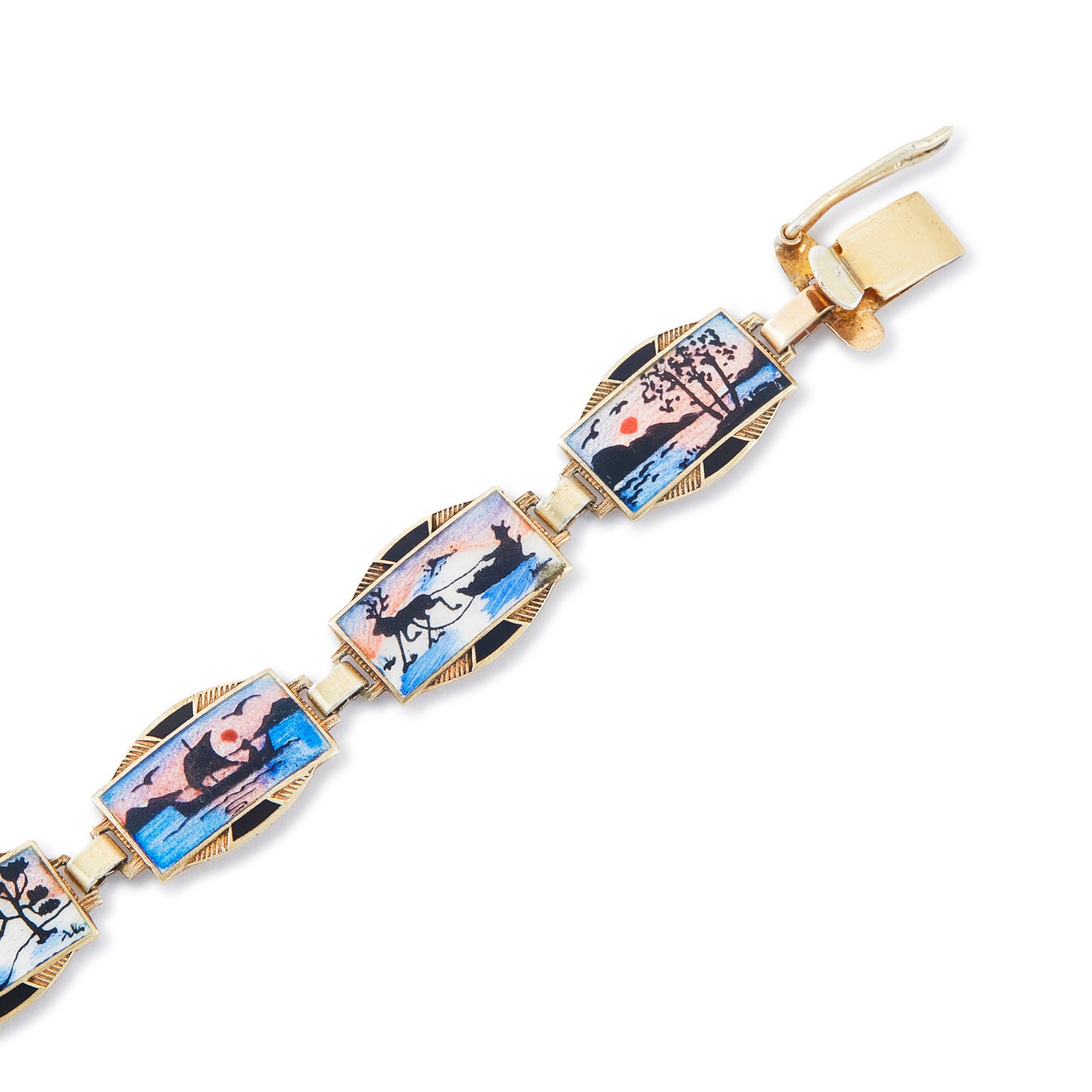 Beautifully detailed enamel disc bracelet depicting nine different nature scenes. Safety clasp attached. Scandinavian