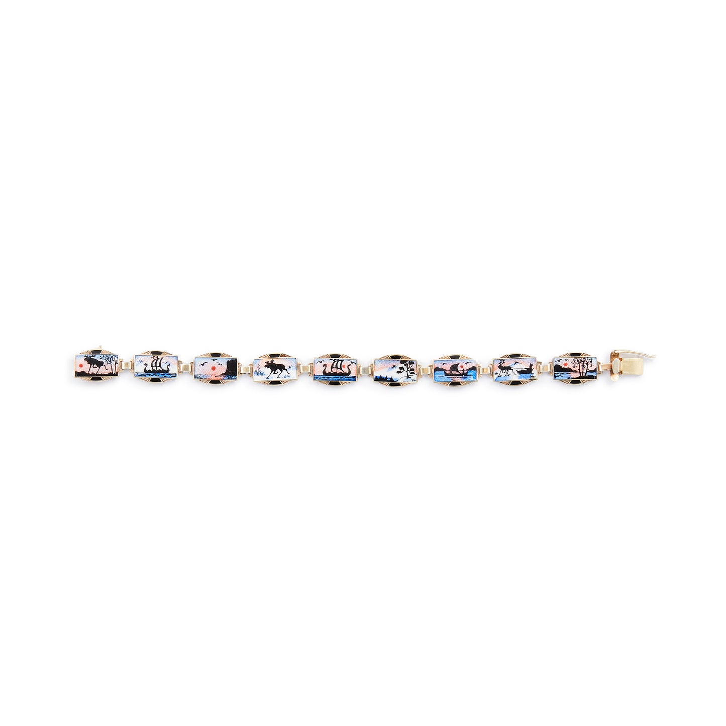 Beautifully detailed enamel disc bracelet depicting nine different nature scenes. Safety clasp attached. Scandinavian