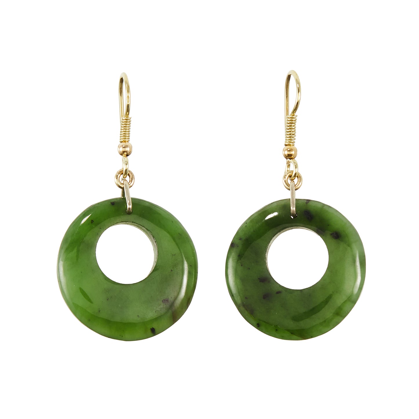 Classic vintage deep green nephrite jade circular earrings with silver gilt shepherd hooks.