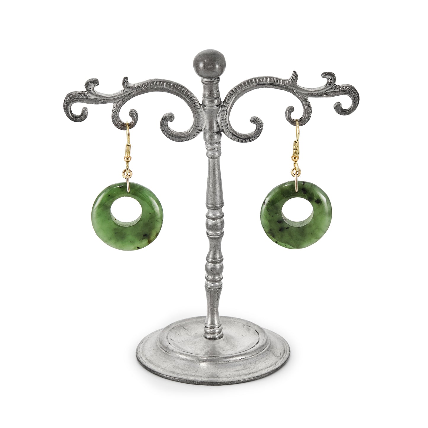 Classic vintage deep green nephrite jade circular earrings with silver gilt shepherd hooks.