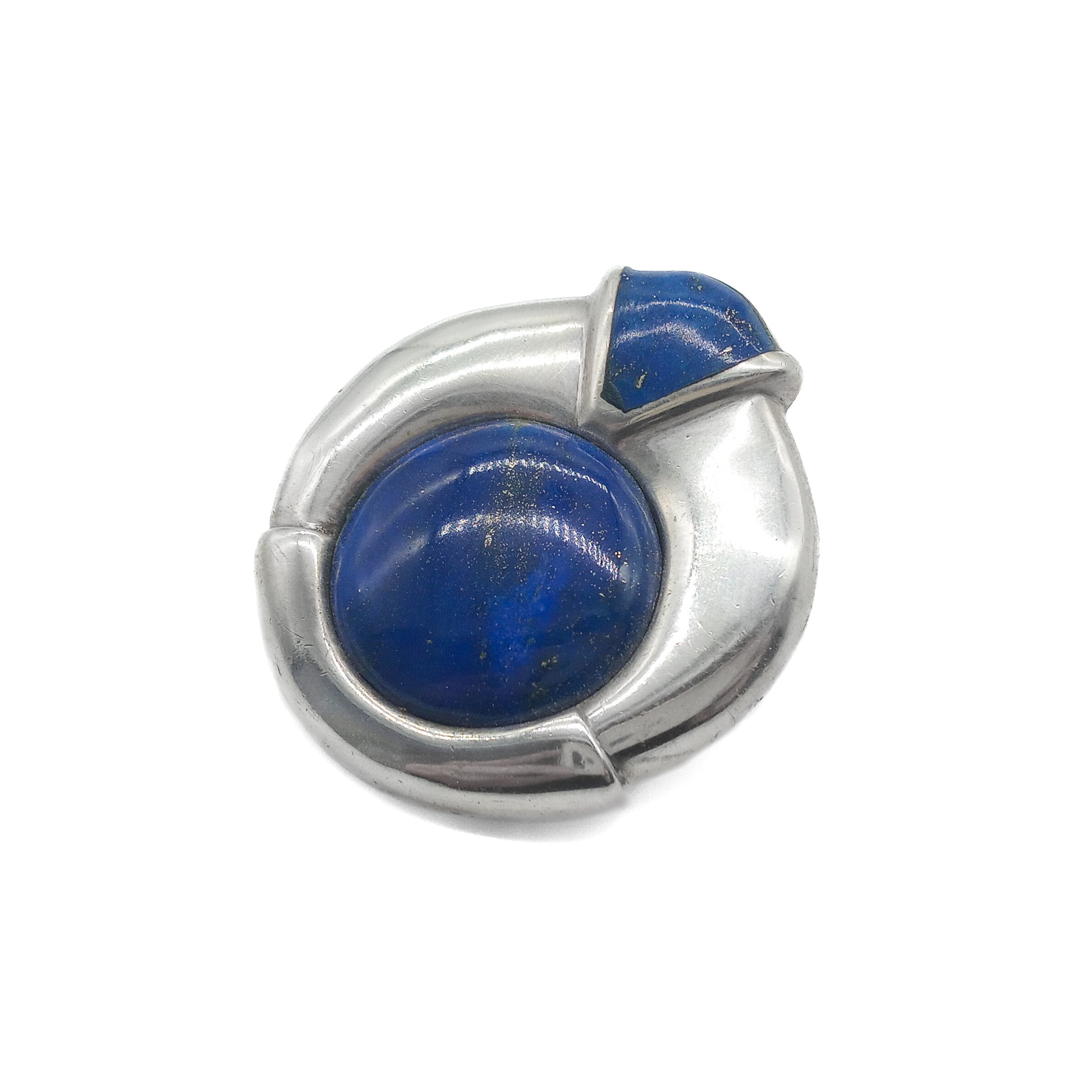 Stylish Mid-Century sterling silver clip-pendant set with lapis lazuli stones.