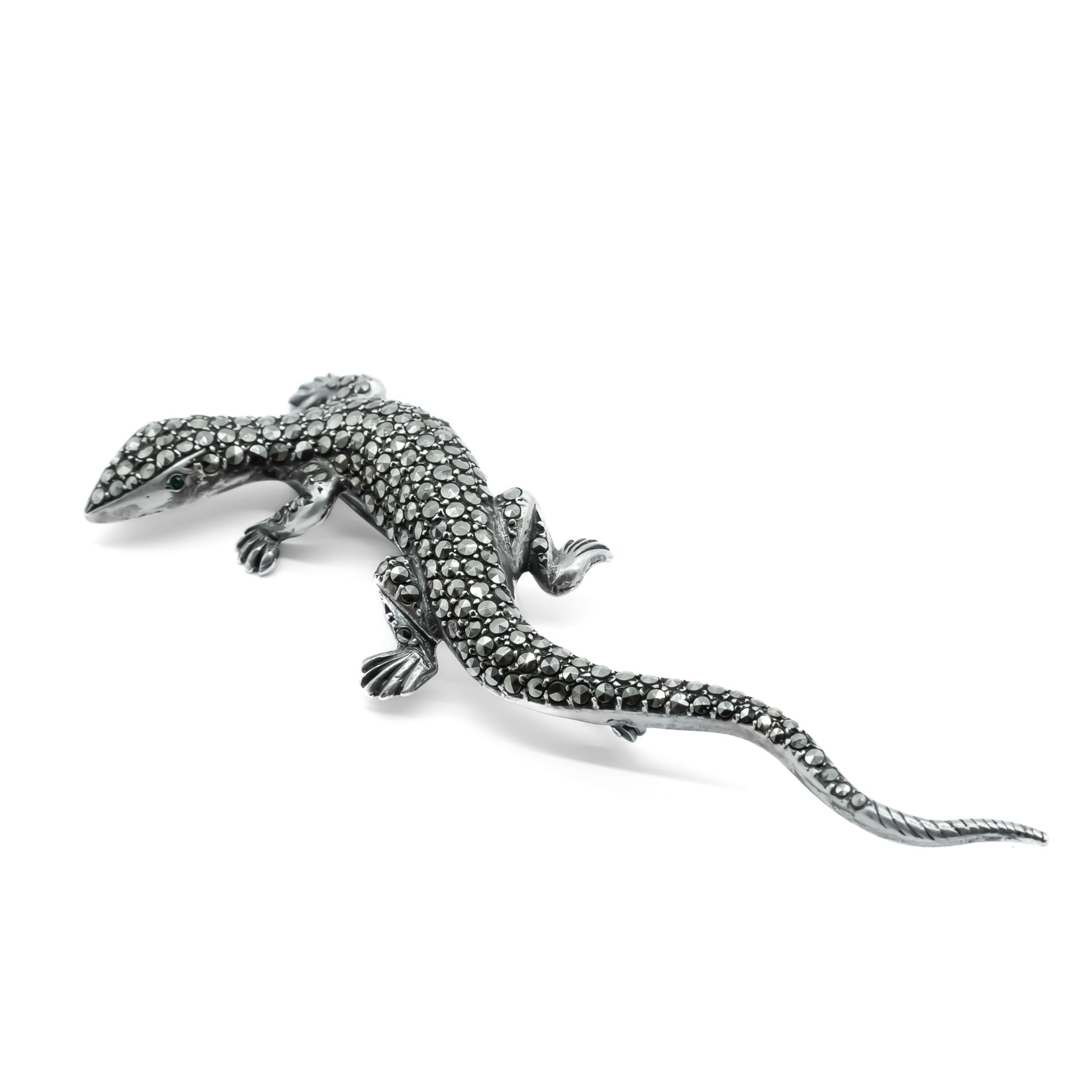 Stunning life-size lizard brooch set with lots of sparkling marcasites and green glass eyes. Circa 1930’s