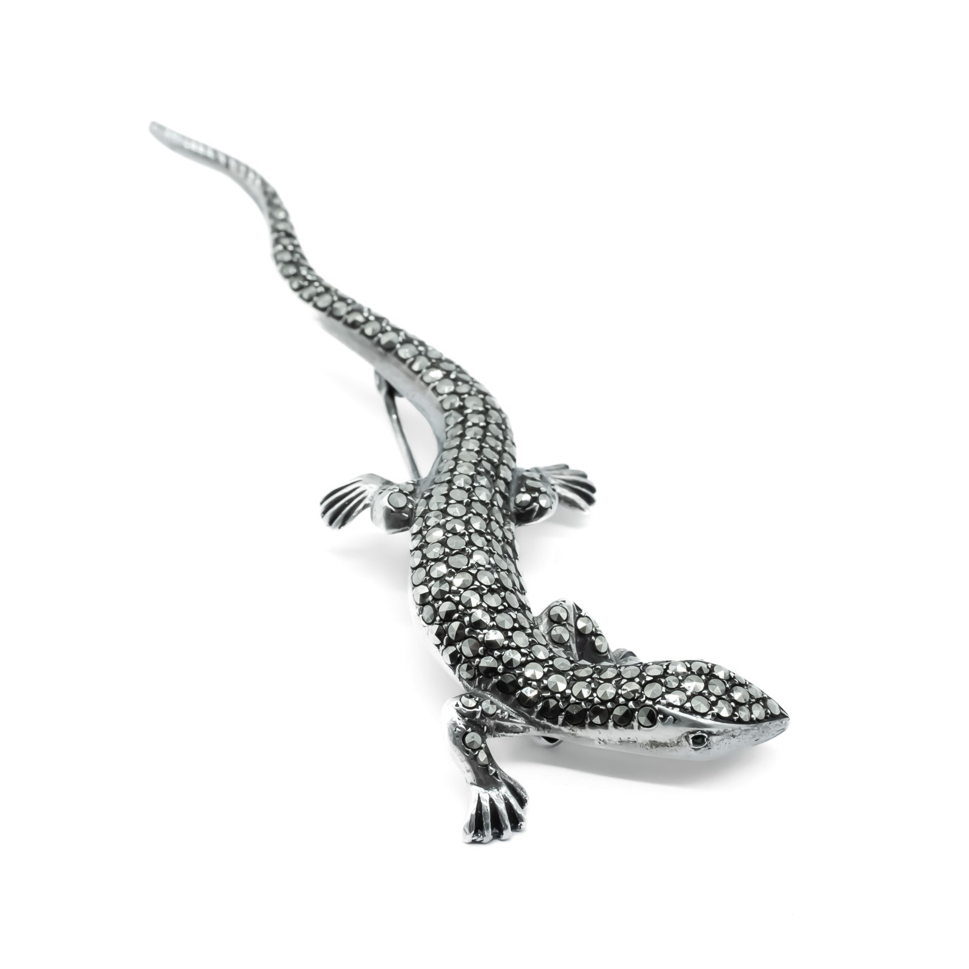 Stunning life-size lizard brooch set with lots of sparkling marcasites and green glass eyes. Circa 1930’s