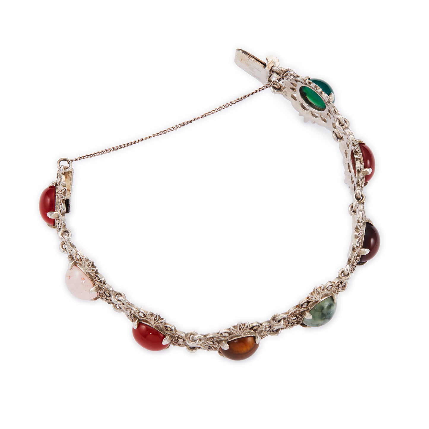 Stunning silver marcasite bracelet set with a combination of round cabochon gemstones: carnelian, rose quartz, tigers eye, moss agate, and chrysoprase in an intricate setting. Safety chain attached.