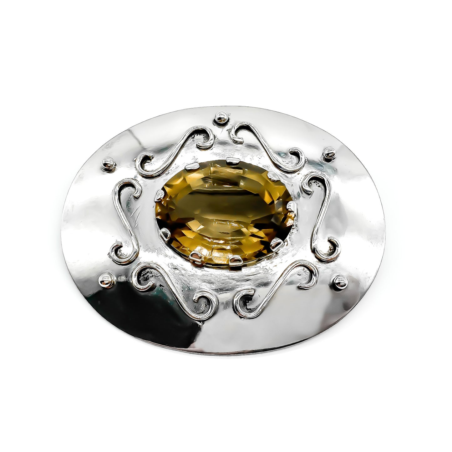 Impressive vintage silver handmade brooch set with a beautifully faceted oval smoky quartz.   Circa 1950’s