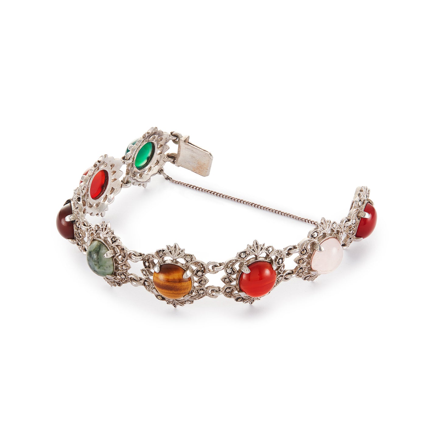 Stunning silver marcasite bracelet set with a combination of round cabochon gemstones: carnelian, rose quartz, tigers eye, moss agate, and chrysoprase in an intricate setting.
