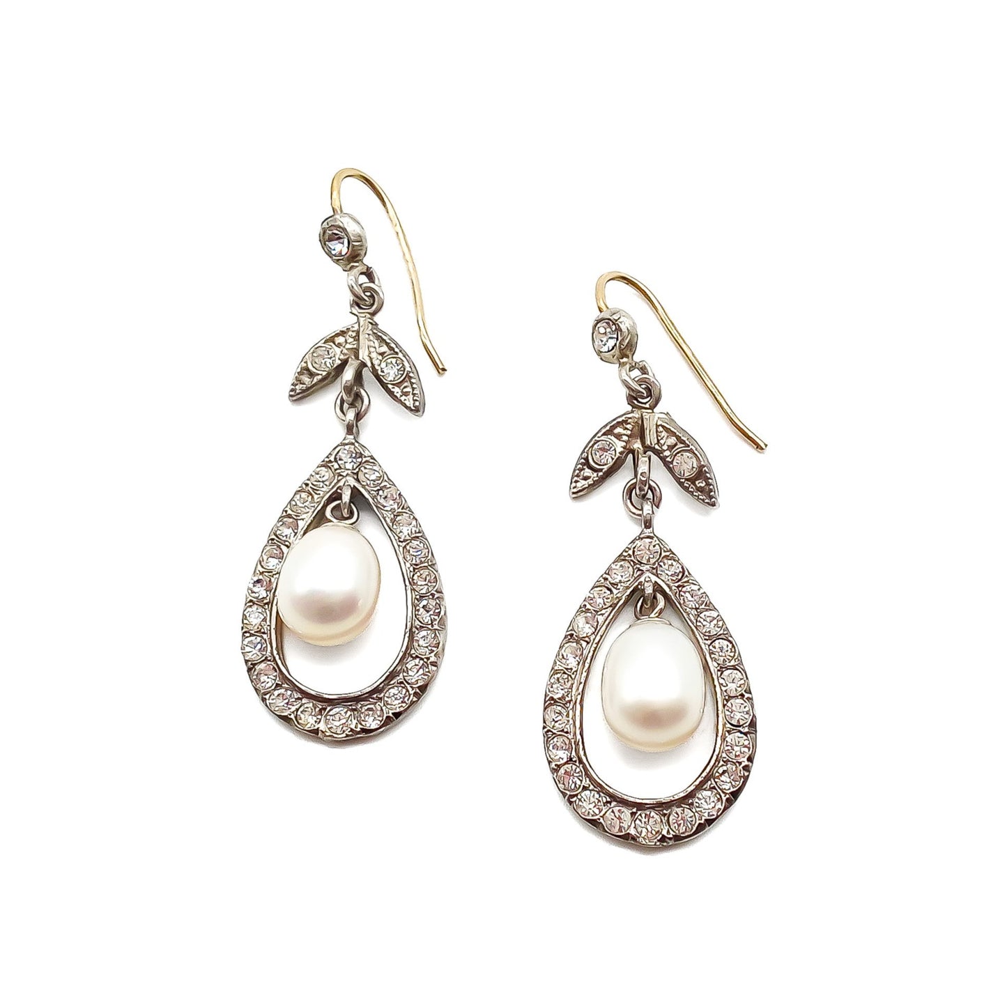 Glamorous vintage sterling silver chandelier paste earrings with dangling pearl drops.