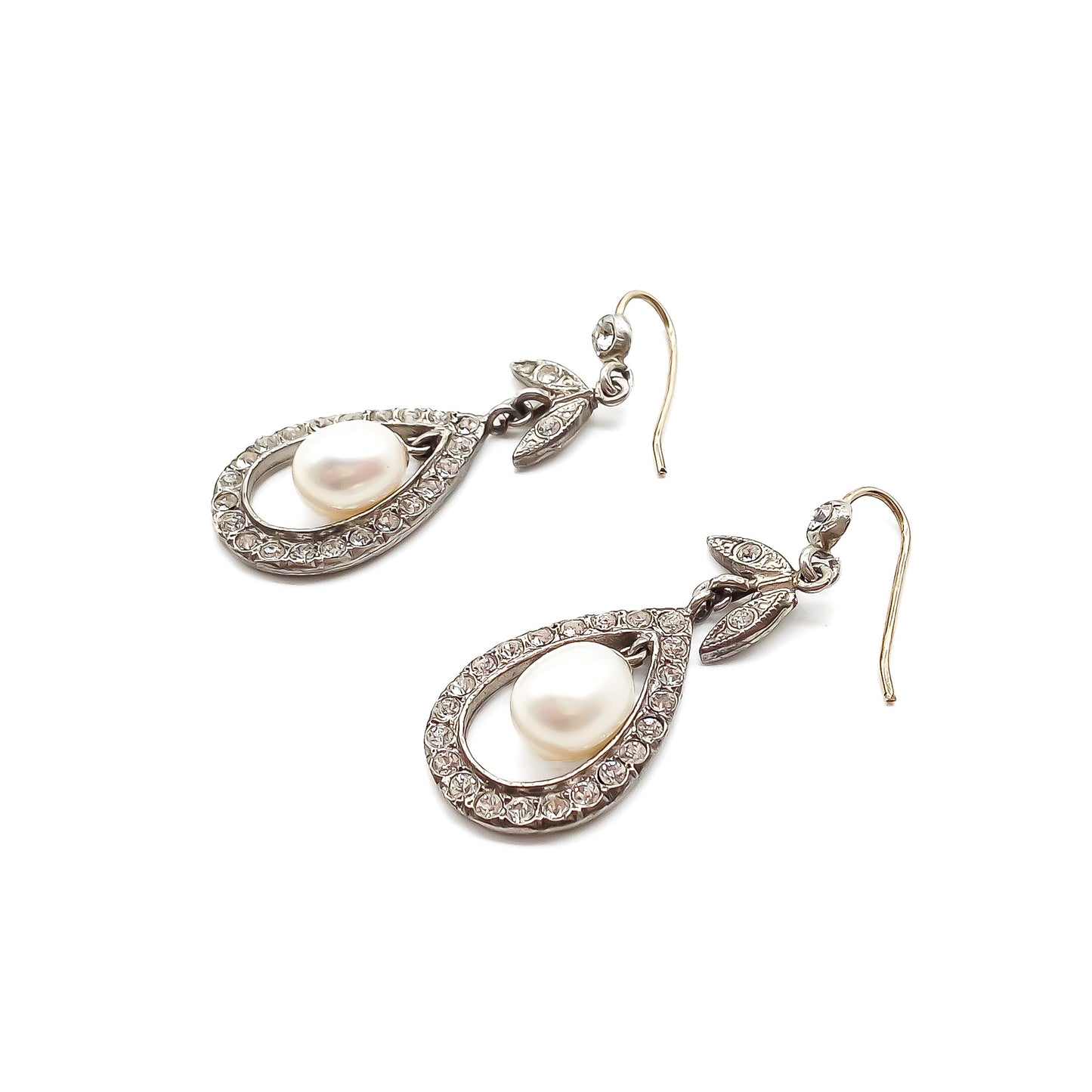 Glamorous vintage sterling silver chandelier paste earrings with dangling pearl drops.