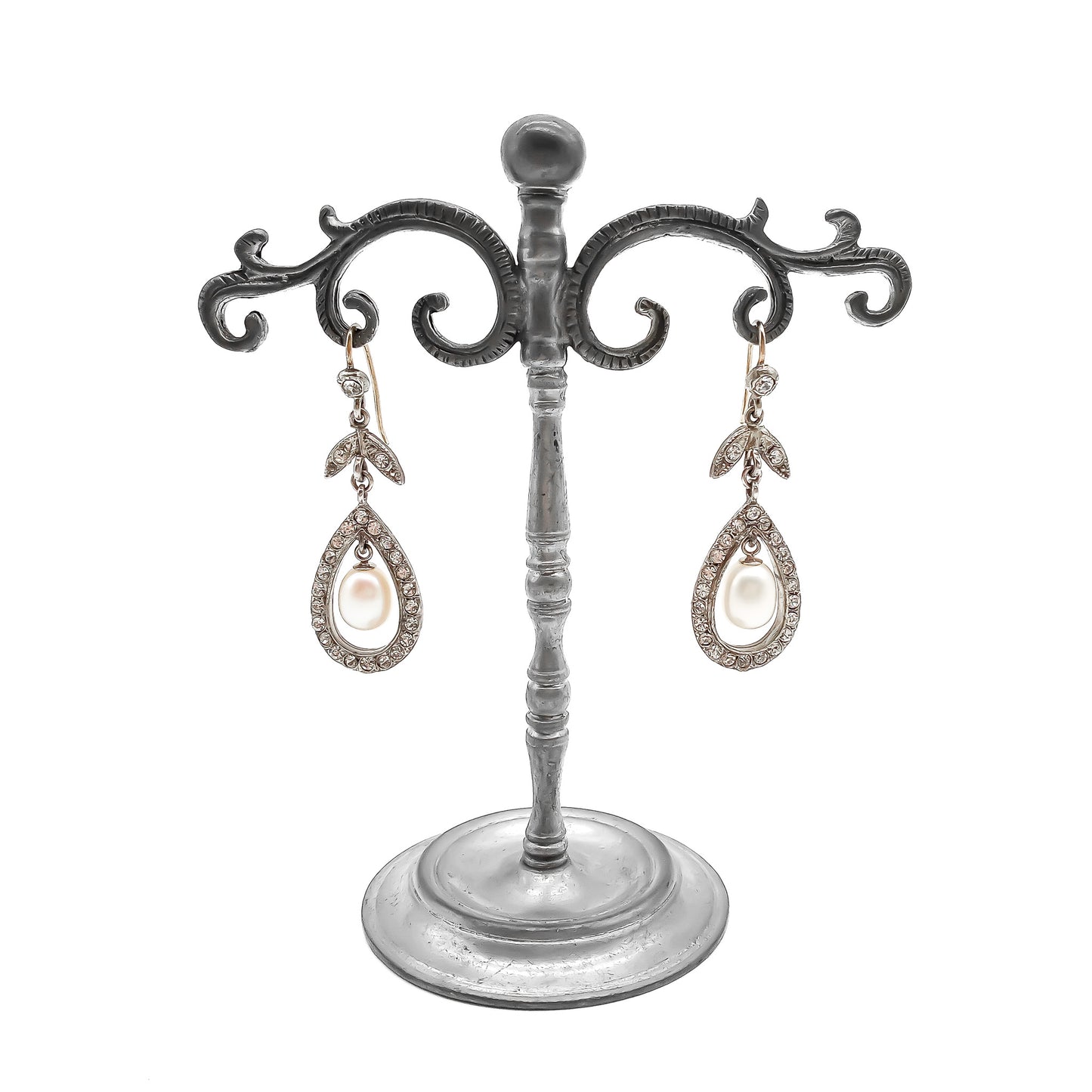 Glamorous vintage sterling silver chandelier paste earrings with dangling pearl drops.