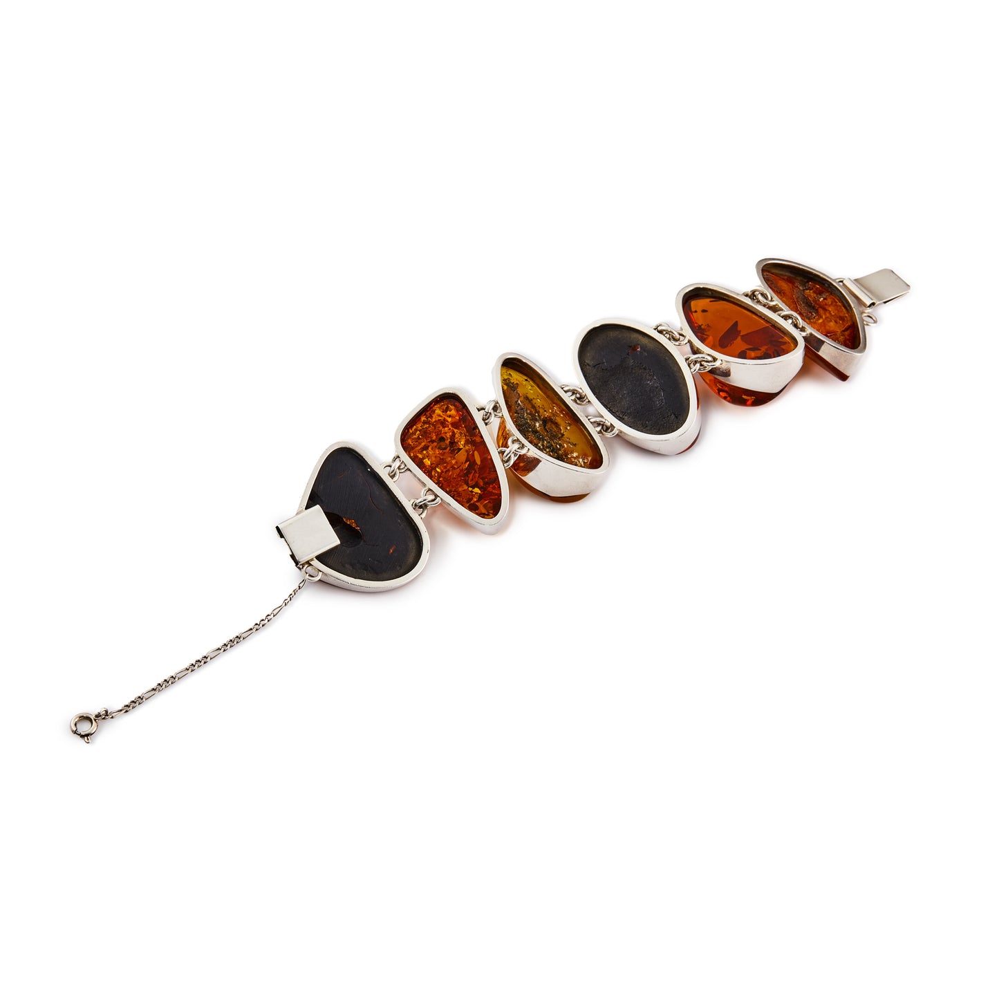 Stunning sterling silver belcher link bracelet, set with six beautiful organic shaped natural pieces of amber in a variety of different hues. Safety chain attached.
