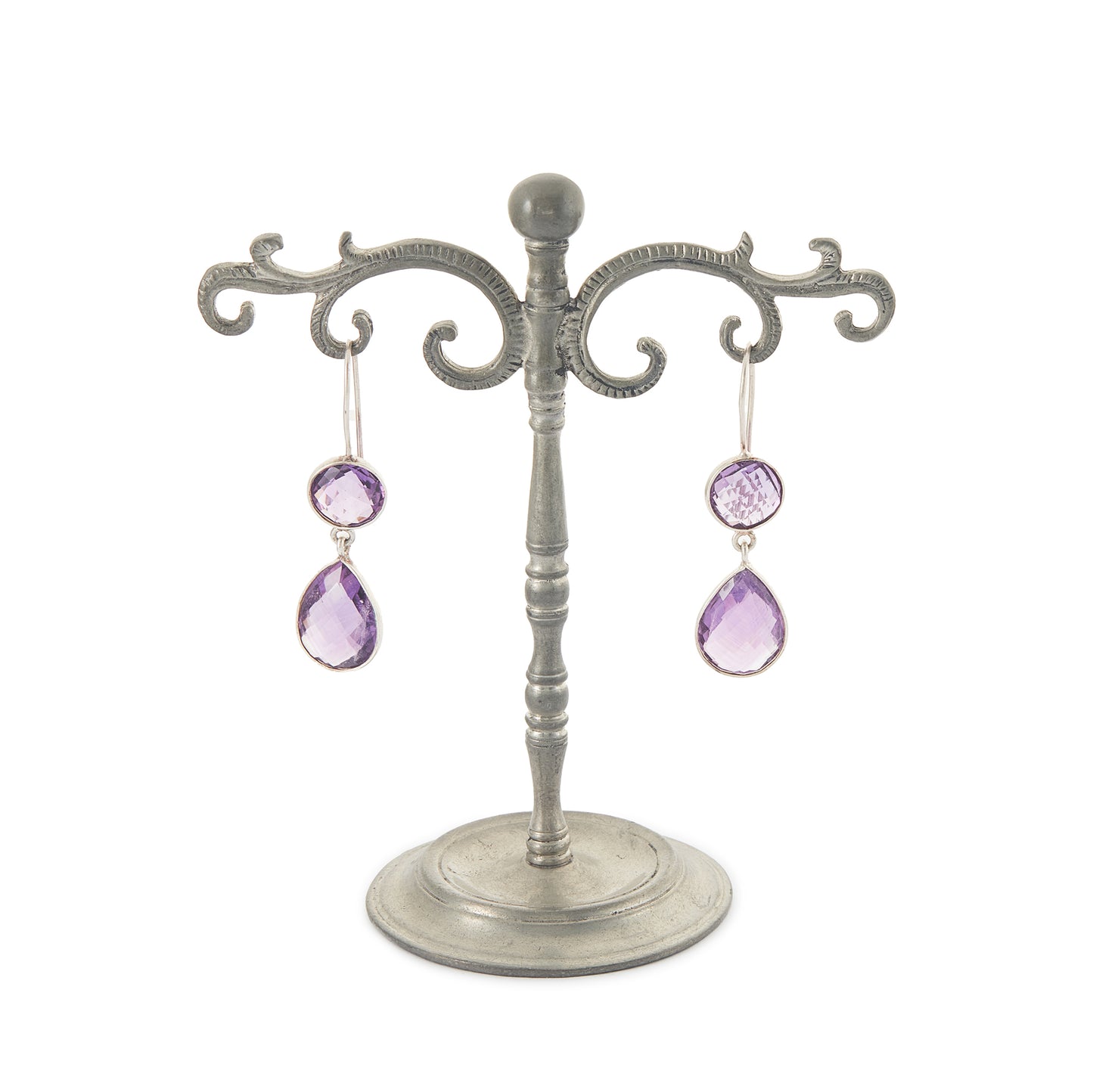 Lovely sterling silver pendant earrings, each set with a beautifully faceted round and teardrop amethyst.