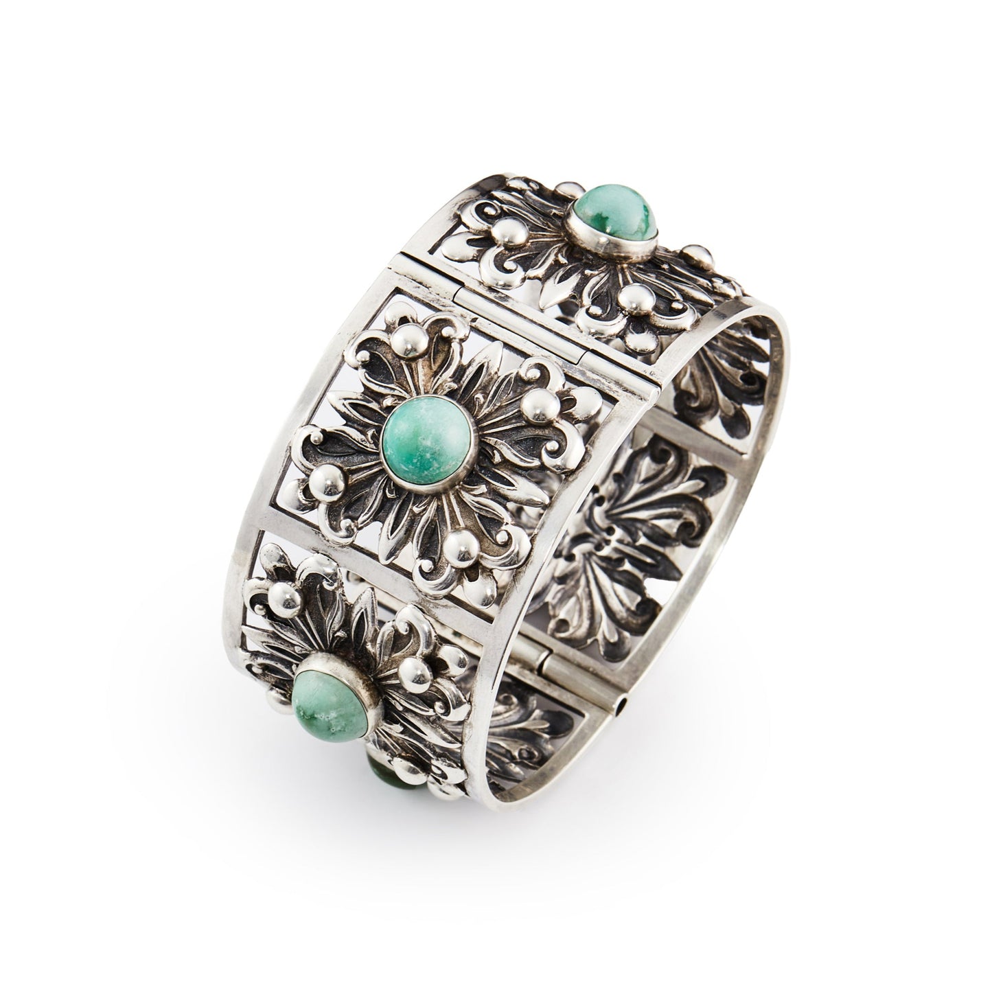 Ornate vintage sterling silver Candida bangle, set with six round blue-green cabochon amazonite stones. Very collectable.