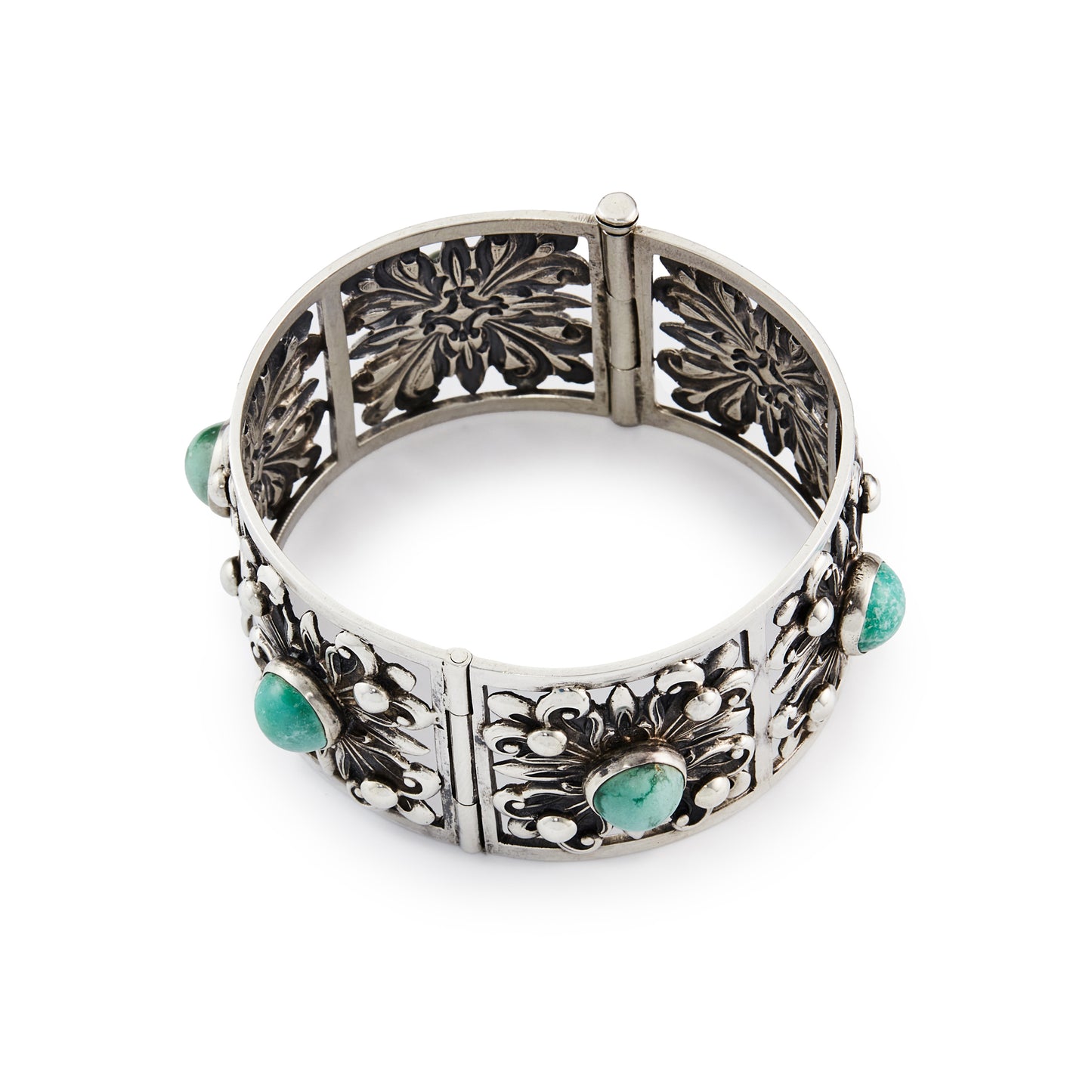 Ornate vintage sterling silver Candida bangle, set with six round blue-green cabochon amazonite stones. Very collectable.