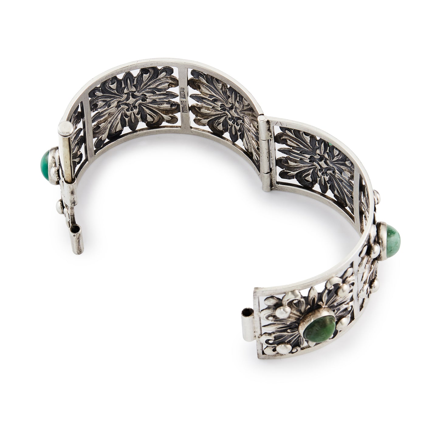 Ornate vintage sterling silver Candida bangle, set with six round blue-green cabochon amazonite stones. Very collectable.
