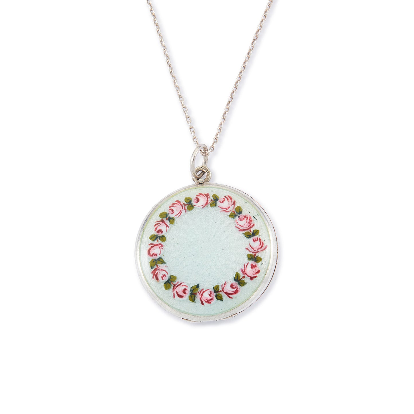 Pretty vintage sterling silver locket with an enamel floral design on a light blue background, on a sterling silver chain.