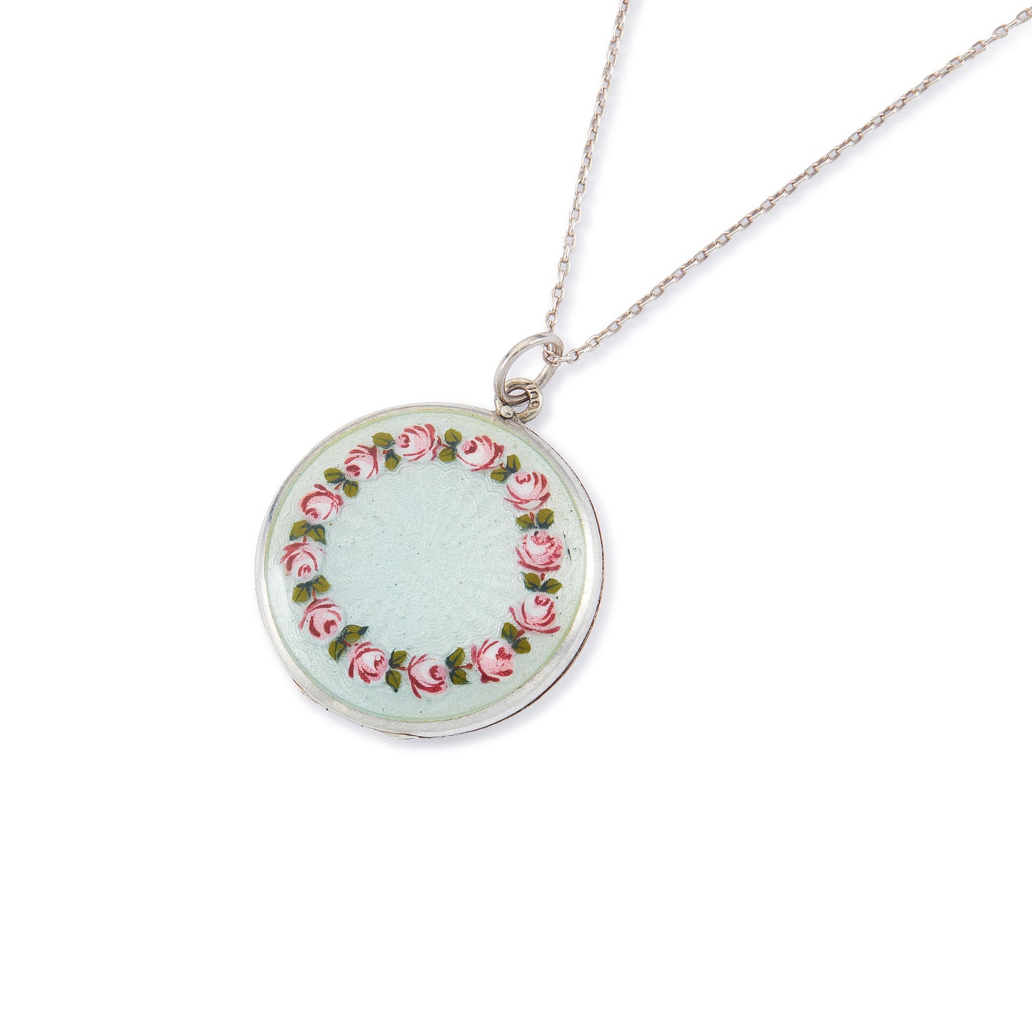 Pretty vintage sterling silver locket with an enamel floral design on a light blue background, on a sterling silver chain.