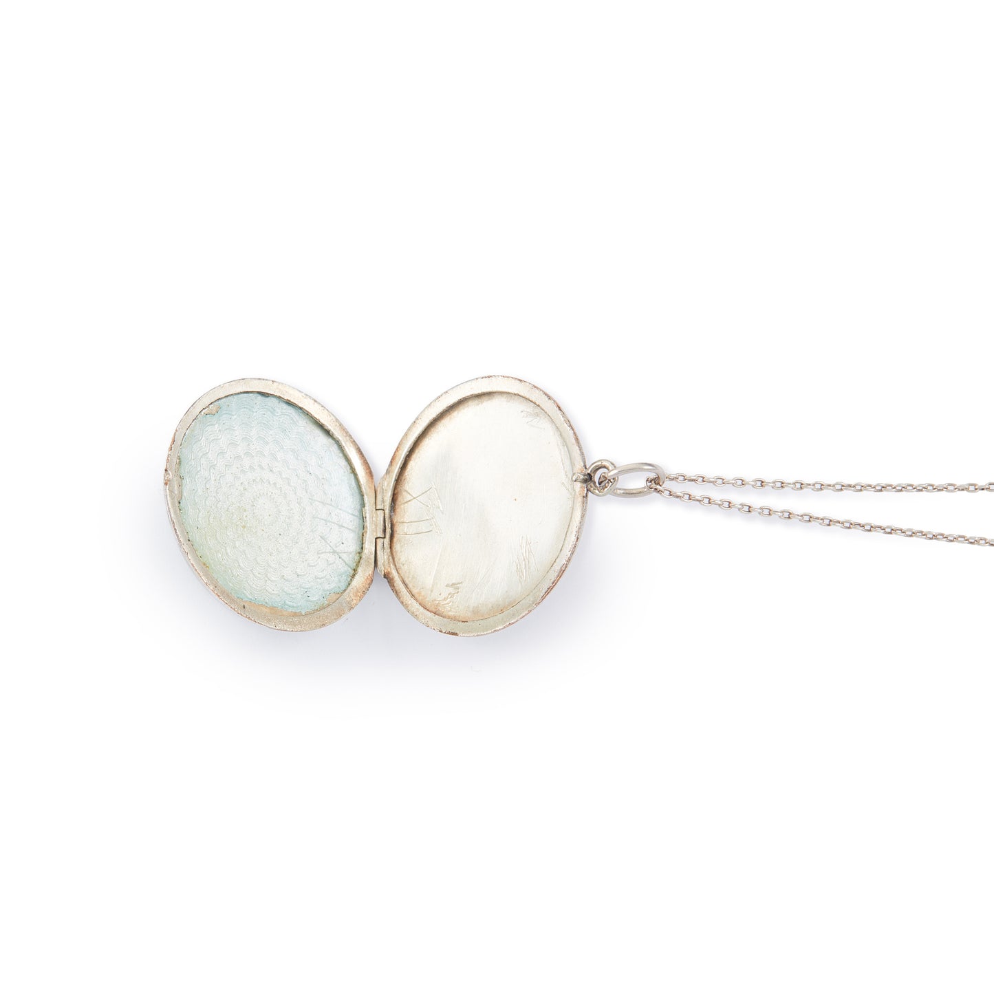Pretty vintage sterling silver locket with an enamel floral design on a light blue background, on a sterling silver chain.