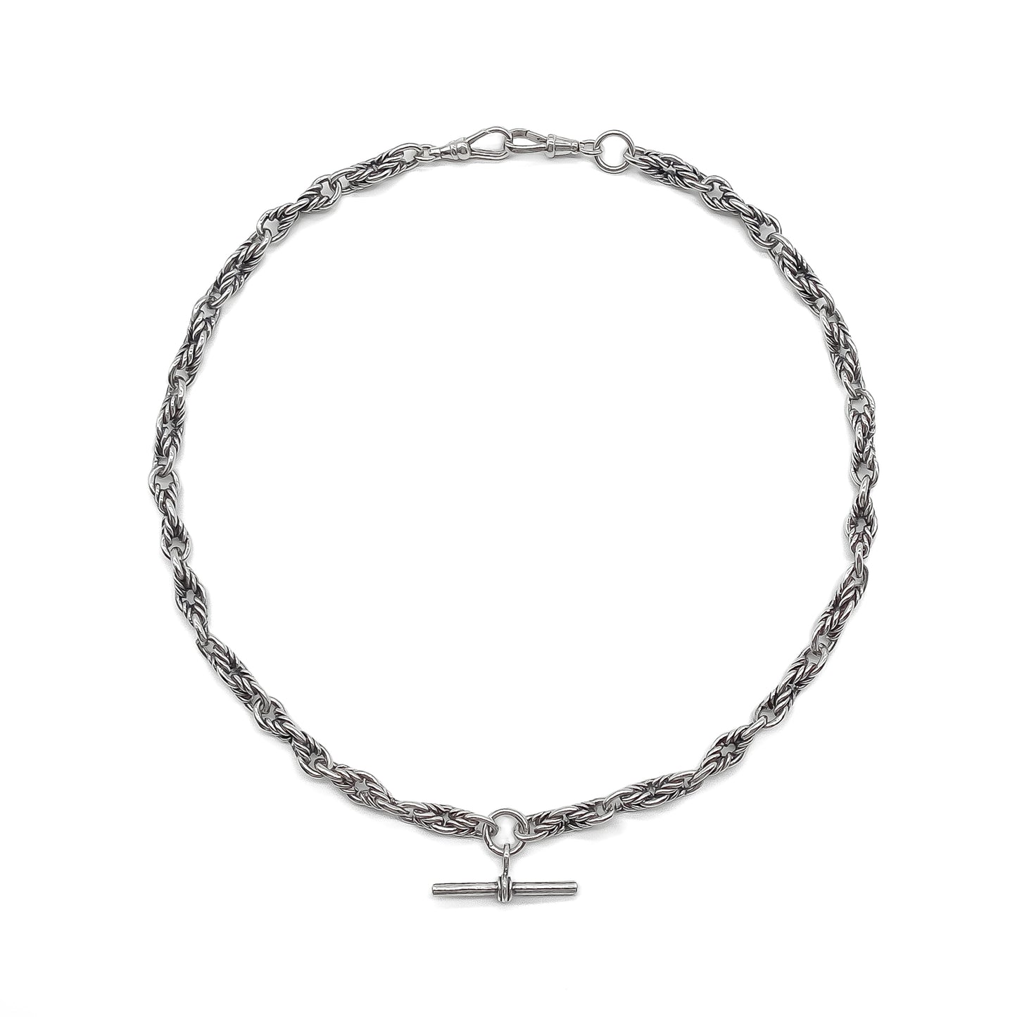 Victorian-style sterling silver ornate link fob chain with a T-bar and two dog clips.