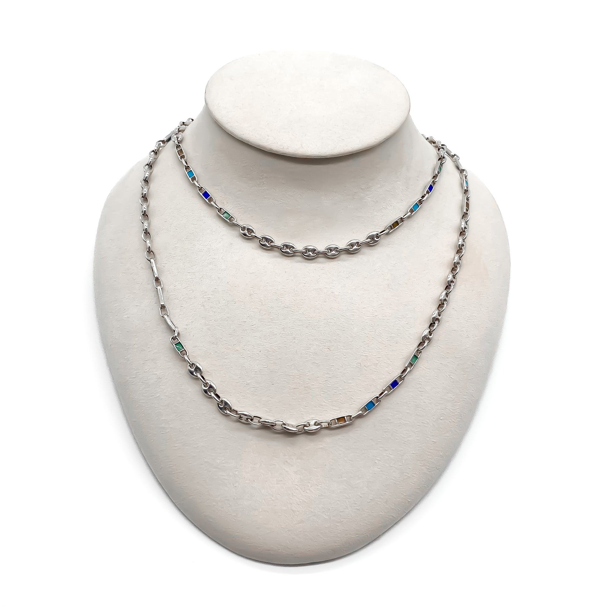Stylish, long sterling silver Gucci link-chain with coloured enamel detail.