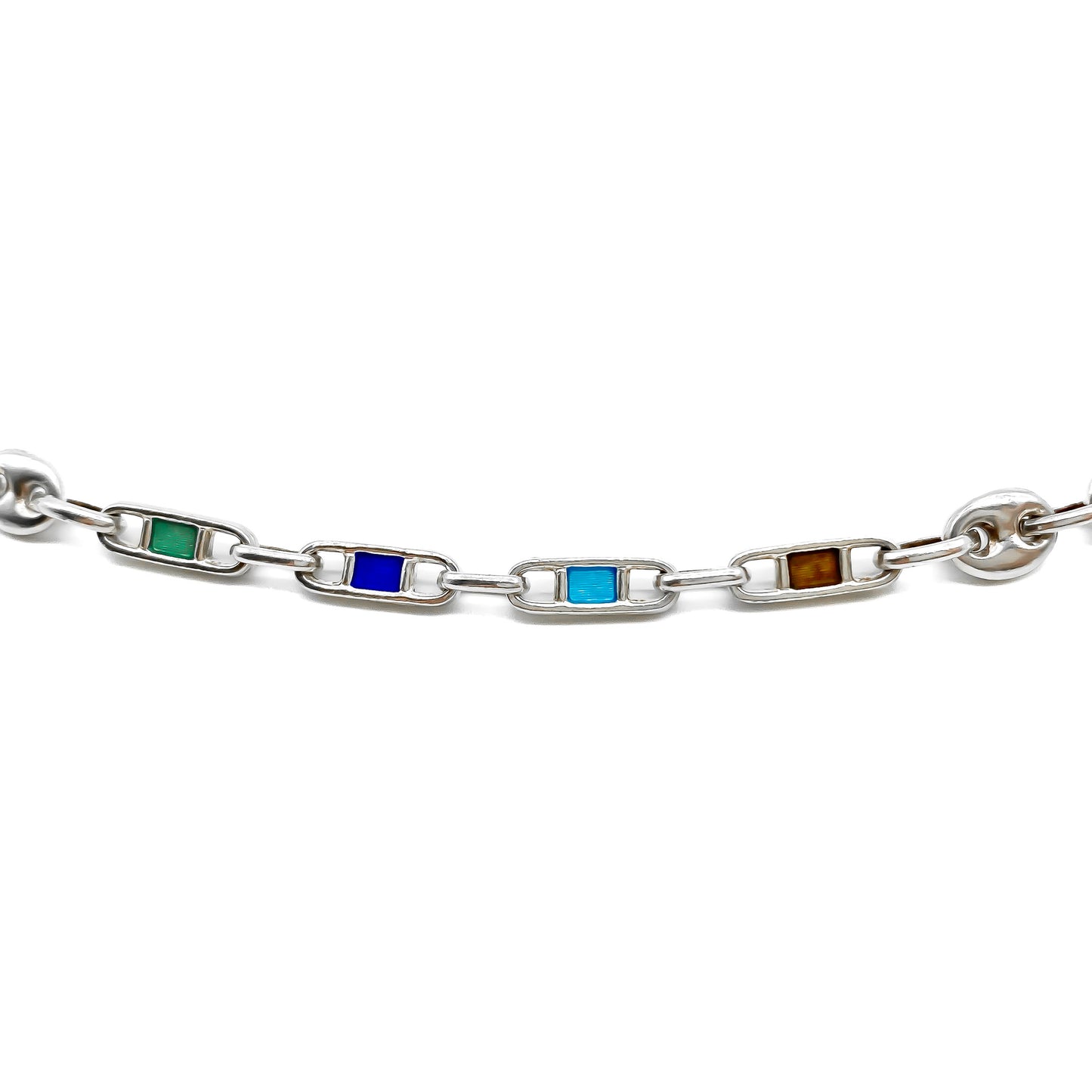 Stylish, long sterling silver Gucci link-chain with coloured enamel detail.