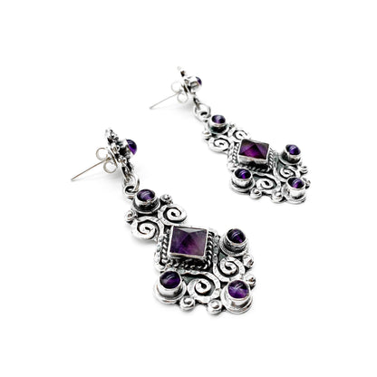 Stunning vintage sterling silver handmade Mexican drop earrings set with amethysts. (950 Silver) Post 1979