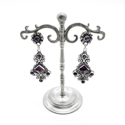 Stunning vintage sterling silver handmade Mexican drop earrings set with amethysts. (950 Silver) Post 1979