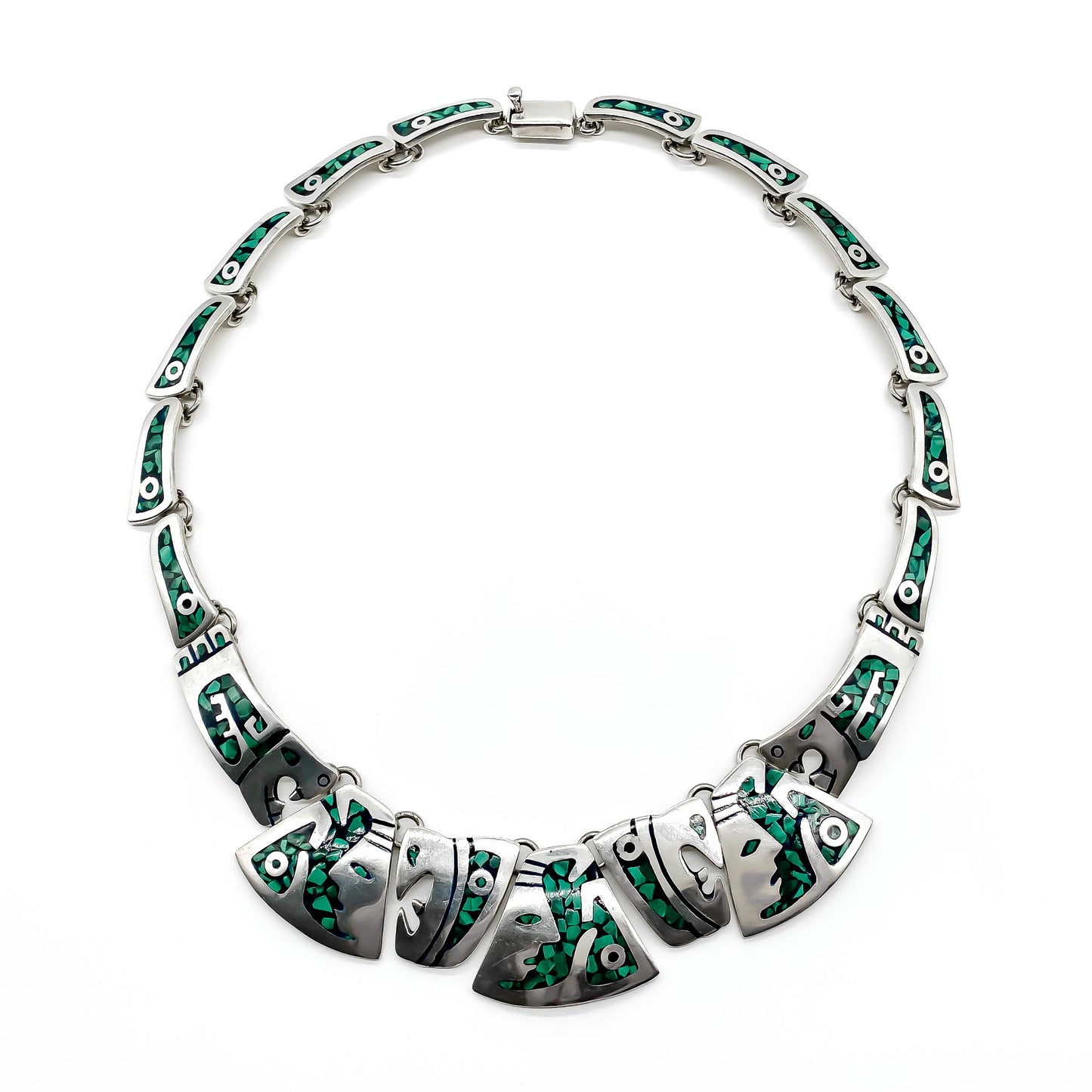 Very unusual vintage sterling silver Mexican set consisting of a necklace, bracelet and stud earrings, with a malachite inlay and geometric face design. TC-29 Post 1980
