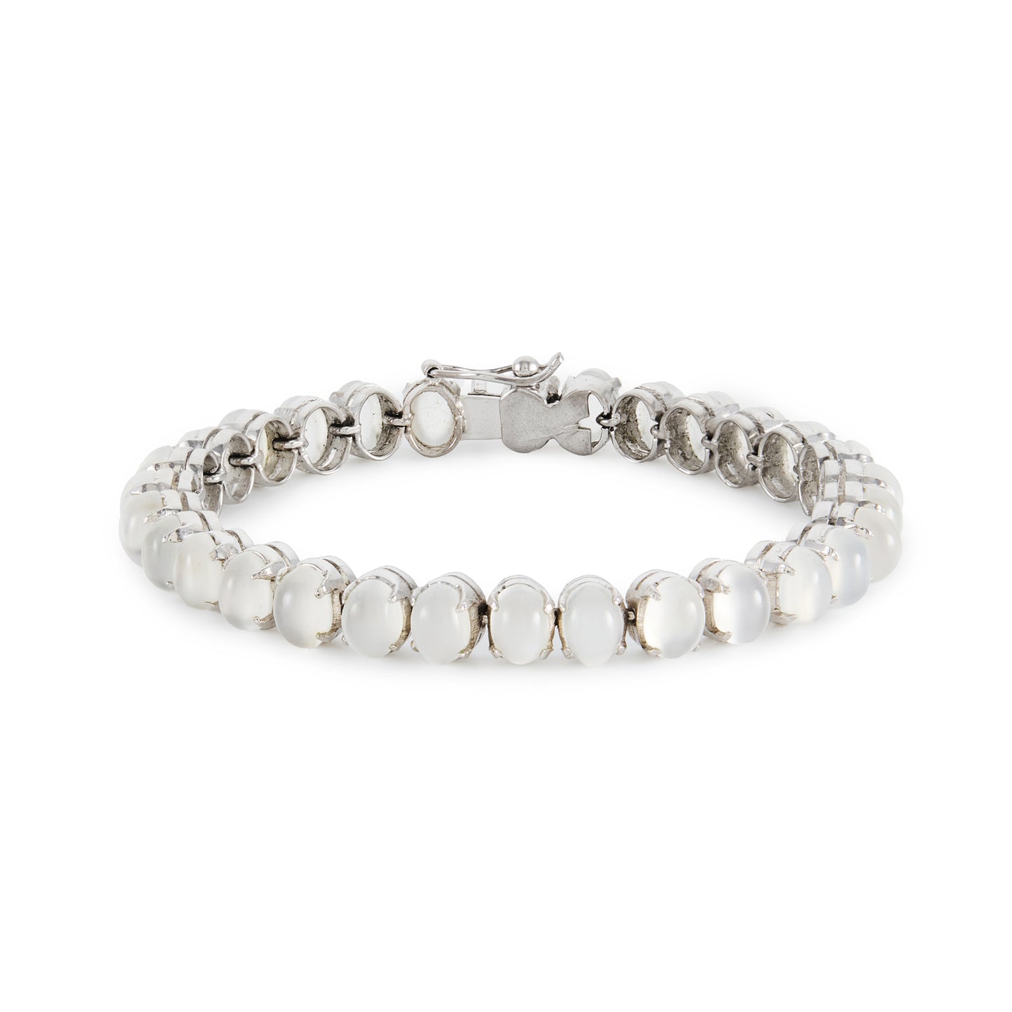 Stylish sterling silver bracelet, set with thirty cabochon oval moonstones. Bracelet has a safety clasp.
