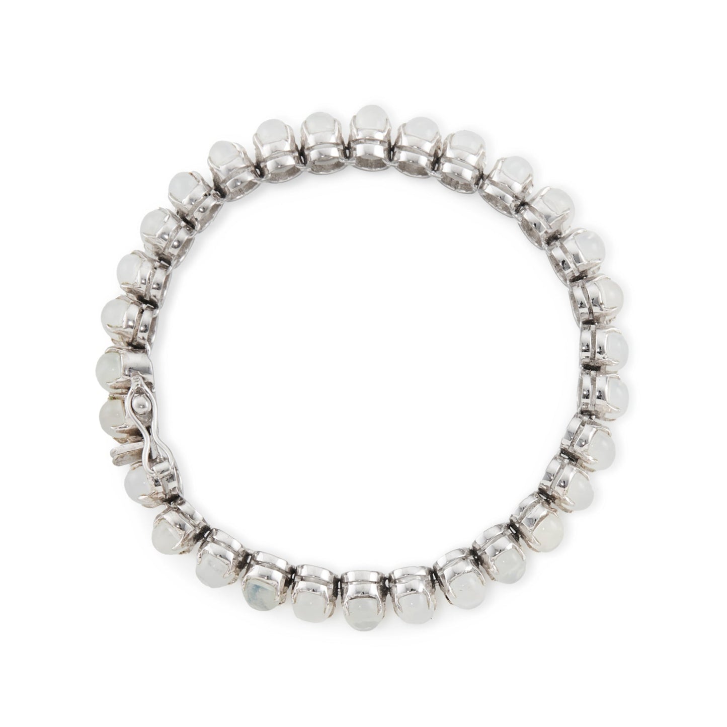 Stylish sterling silver bracelet, set with thirty cabochon oval moonstones. Bracelet has a safety clasp.